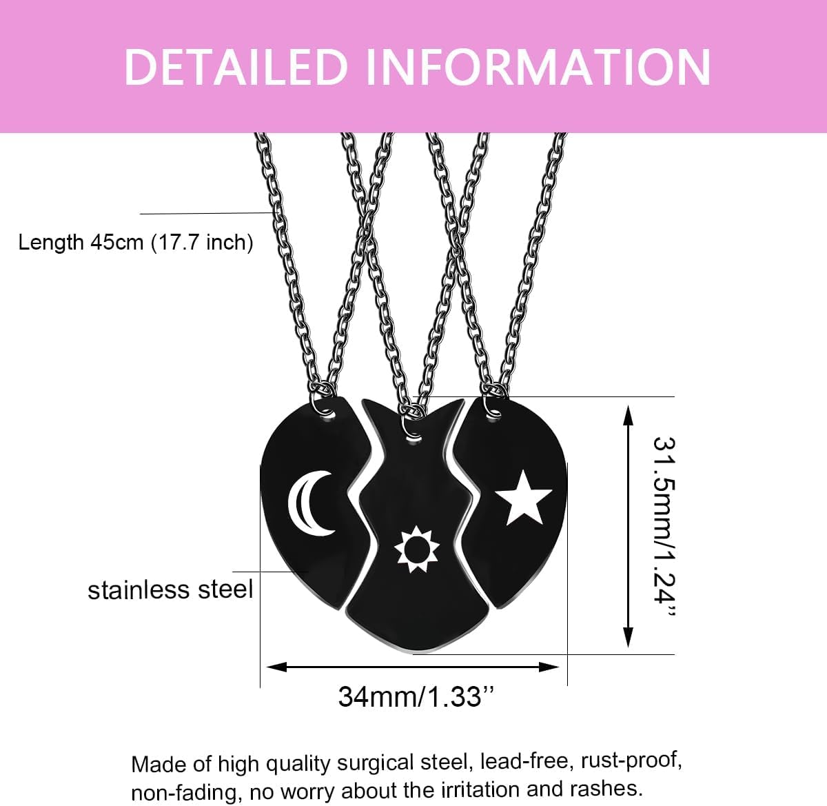 Uloveido 3 Pieces BFF Necklace Black Stainless Steel Matching Puzzle Heart Shape Best Friends Necklaces for 3 Lady Friendship Birthday Gifts