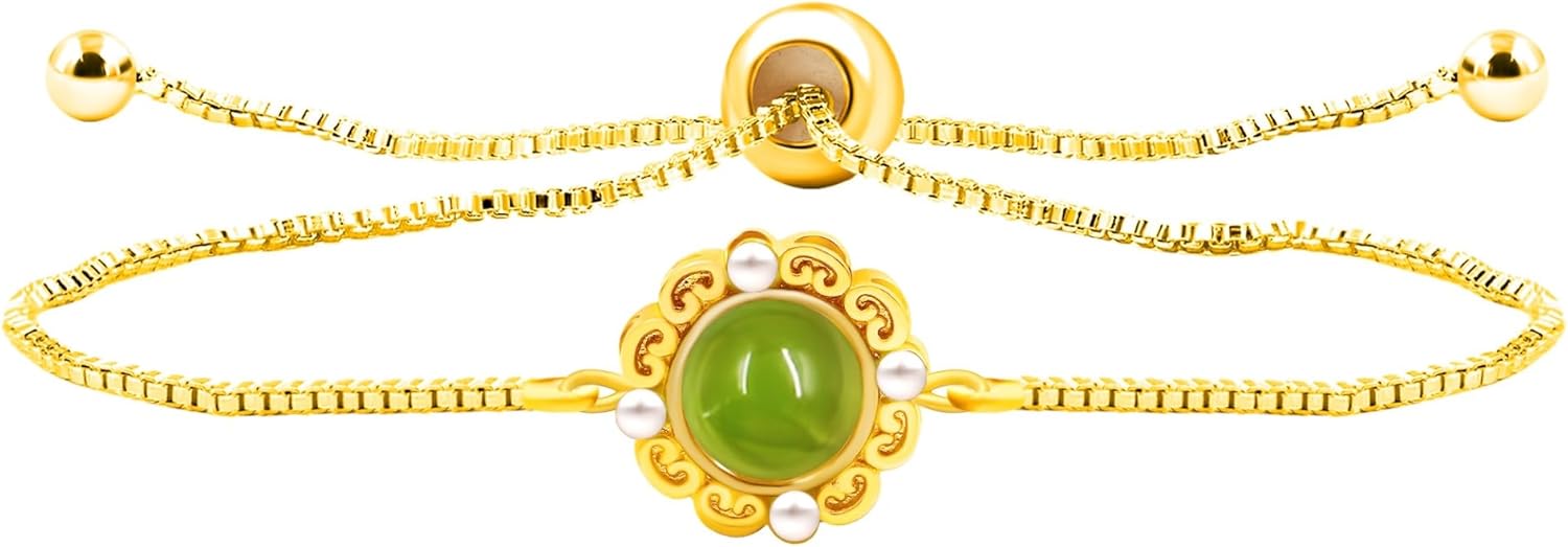 Uloveido Elegant Gold Brass Bracelet – Engraved Glass Floral Charm, Adjustable Chain | Stylish Positive Energy Jewelry, Perfect for Everyday Wear & Friendship