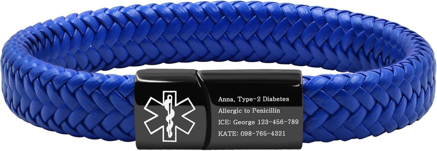 Medical Alert Cuff Bracelet for Men and Women, Black Stainless Steel Clasp Emergency ID Wristband, PU Leather Health Information Band YA5551