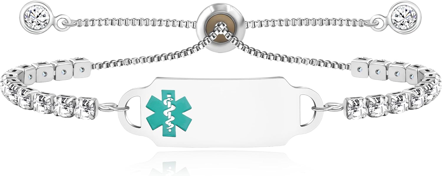 Uloveido Custom Engraved Medical Alert Bracelet | Personalized Stainless Steel CZ Tennis Chain ID Tag | Adjustable Emergency Jewelry for Women