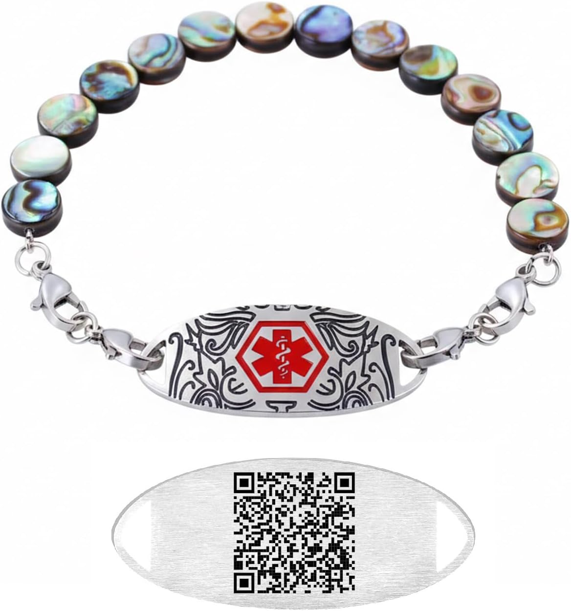 Dynamic QR Code Medical Alert Bracelet for Women | Round Abalone Shell Beads & Stainless Steel ID | Scan to Edit Emergency Info, Allergy & Diabetes ID Jewelry, Double Lobster Clasp, Adjustable