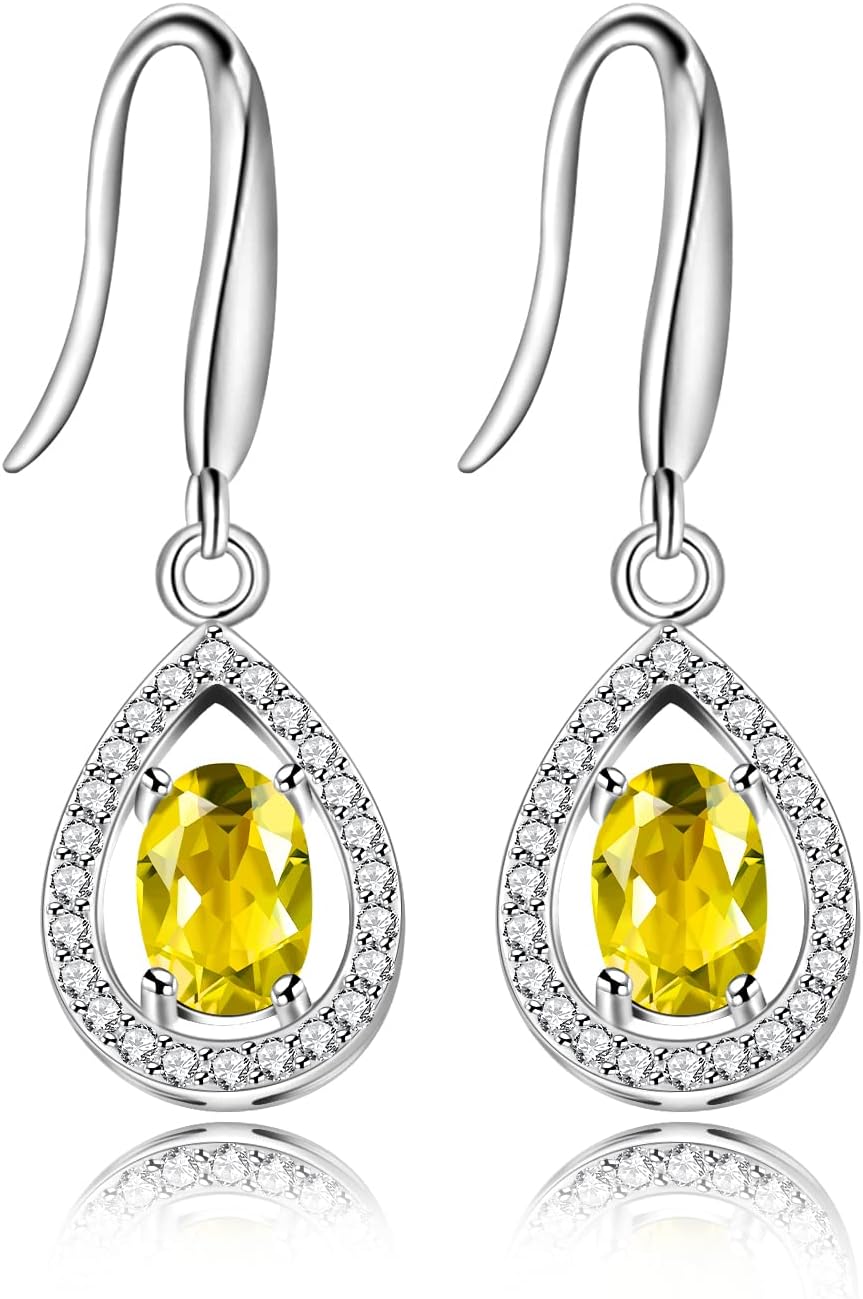 925 Sterling Silver Oval Cut Citrine Earrings Yellow Crystal Teardrop Earrings Wedding Promise for Women FR027 (Citrine)