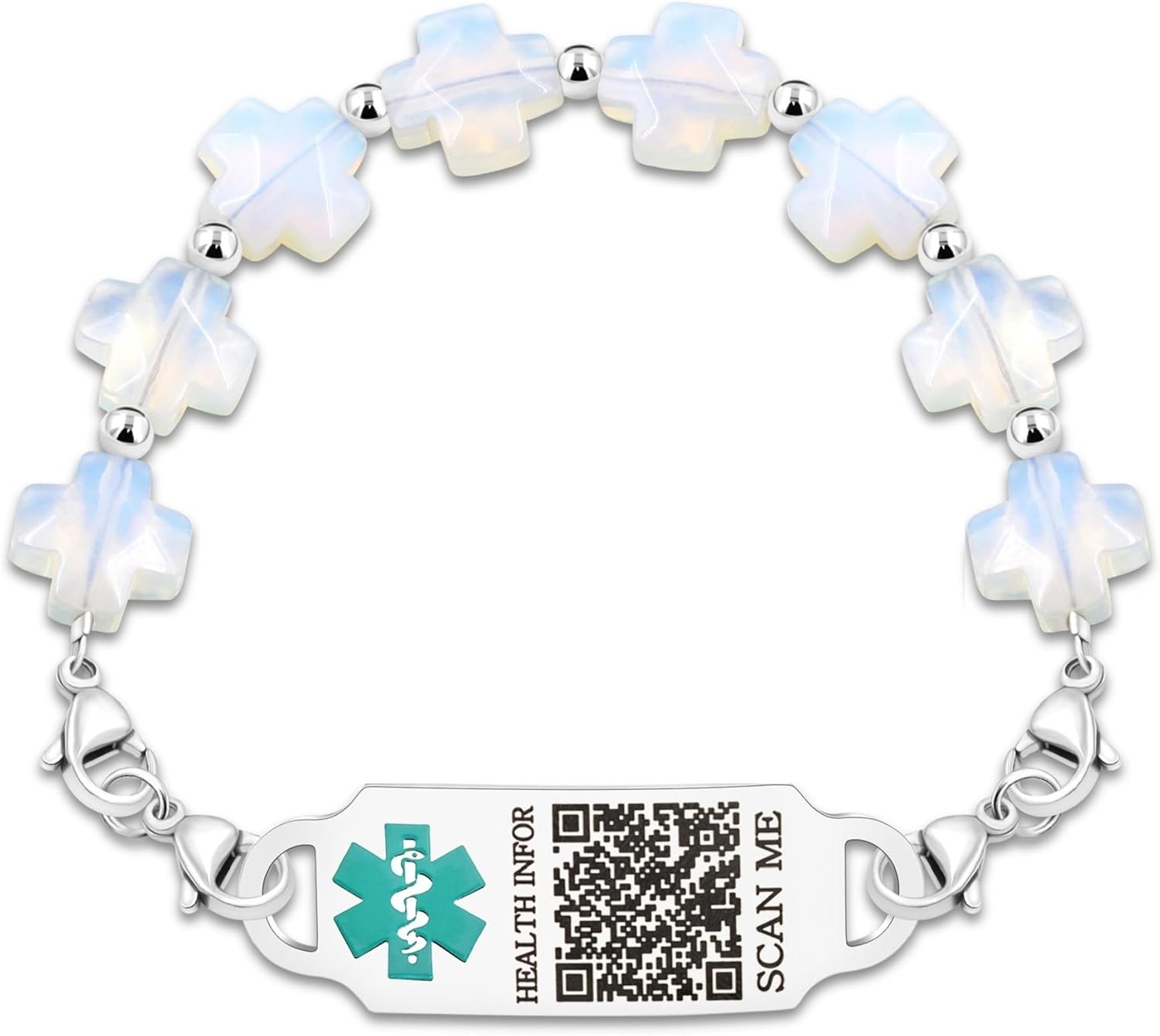 Customized Stainless Steel Medical Alert First Responder ID Tag Bracelet | Double Lobster Clasp Natural Greek Cross Stone Hospital Rescue Bracelet with Rod of Asclepius for Life-Saving