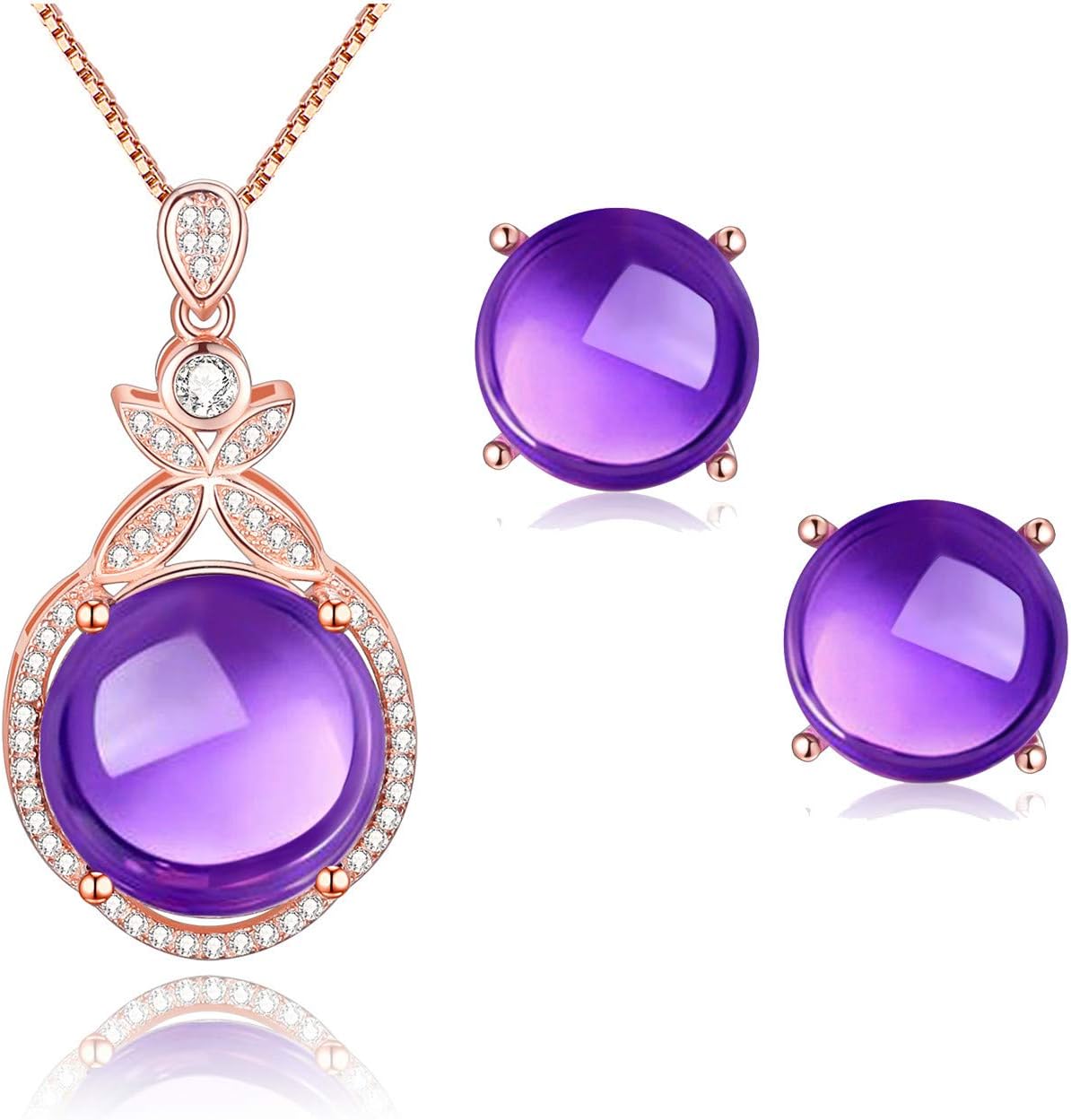 Uloveido Fashion Charm Natural Round Purple Amethyst Crystal Rose Gold Plated February Birthstone Necklace Pendant and Studs Earrings Wedding Jewellery Set for Women Girls CT008