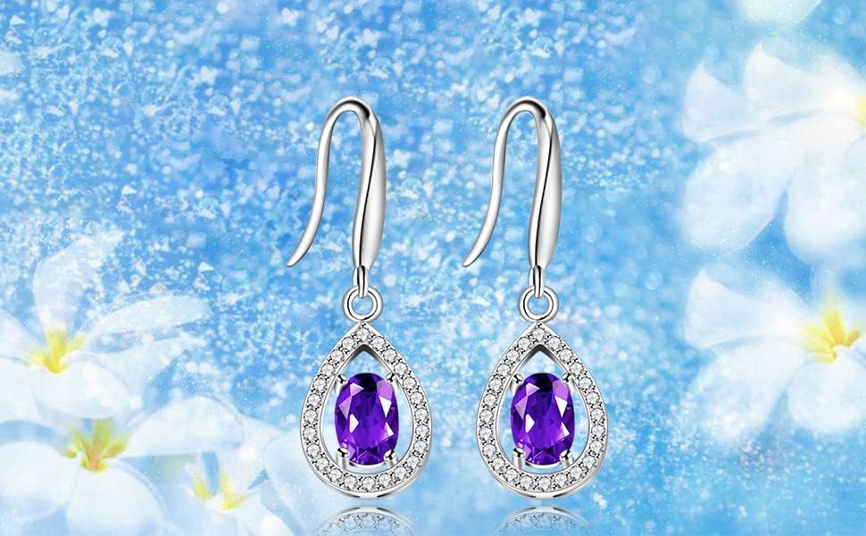 925 Sterling Silver Natural Amethyst Teardrop Earrings Purple Crystal Earring Dangle Birthstone FR027 (Amethyst)