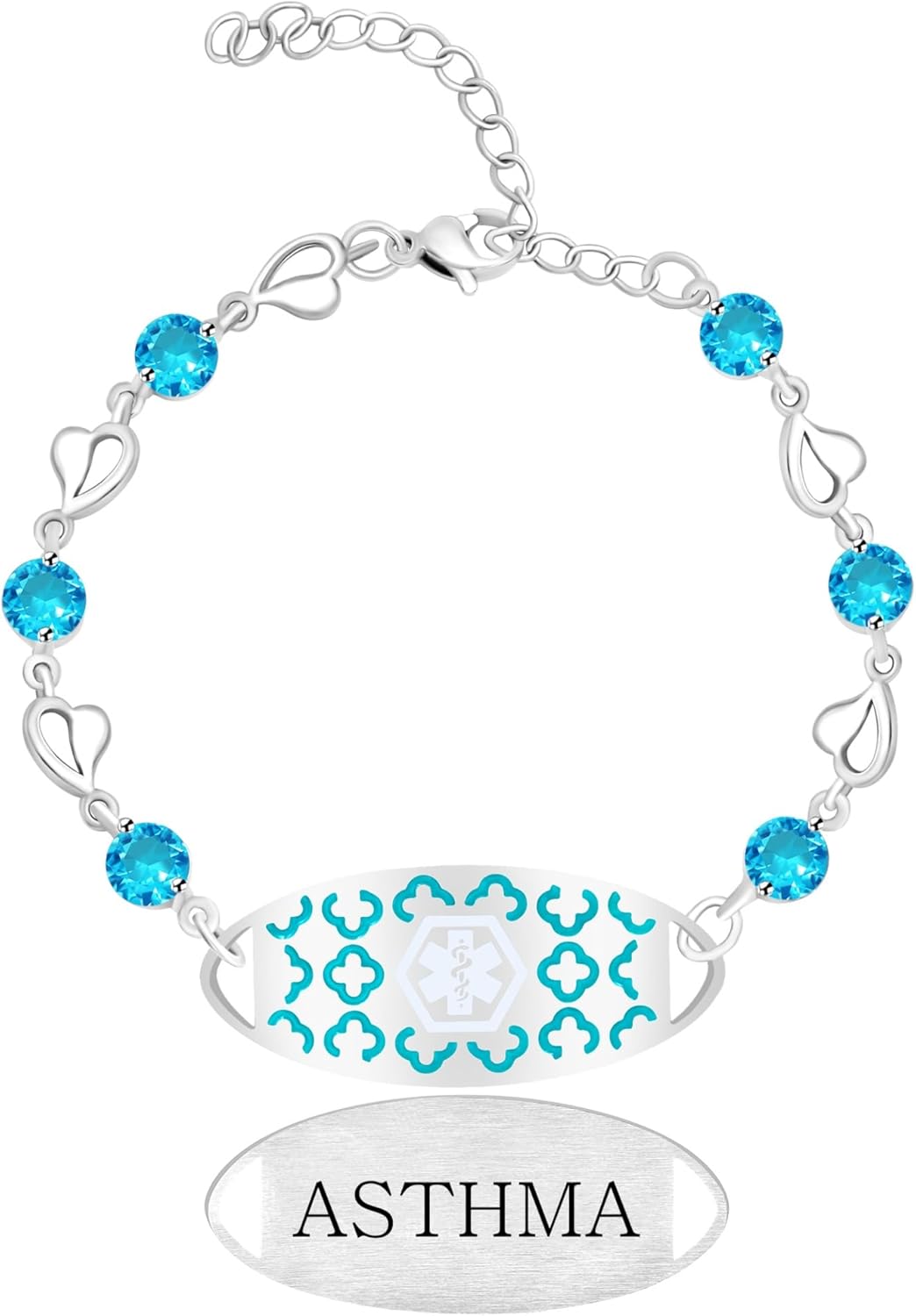 Uloveido Custom Medical ID Bracelet with Blue Cubic Zirconia | Elegant Floral Enamel Design | Adjustable QR Code & Engraved Emergency Contact Bracelet for Women and Travelers