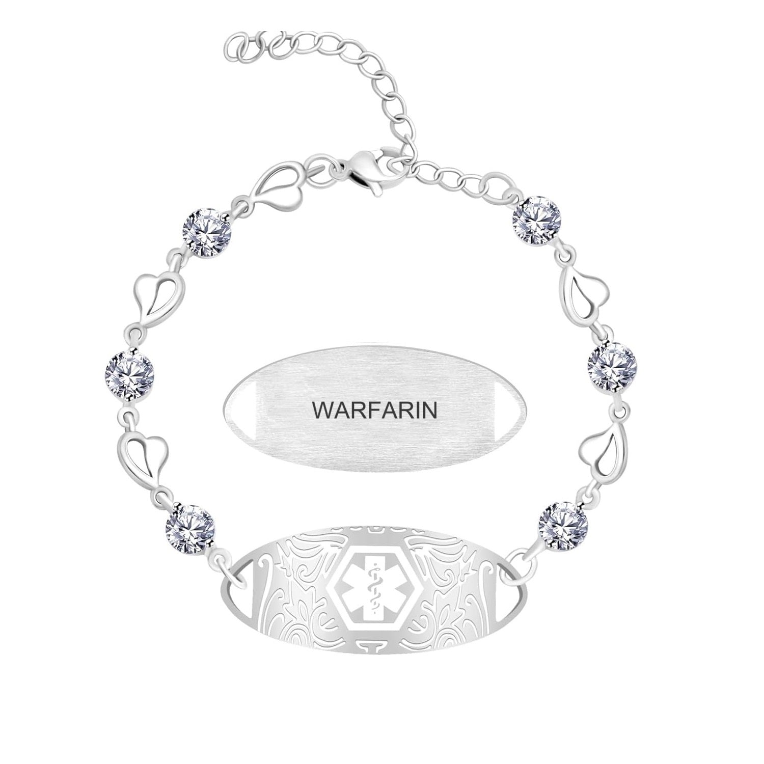 Uloveido Custom Medical ID Bracelet with White Cubic Zirconia | Elegant Floral Enamel Design | Adjustable QR Code & Engraved Emergency Contact EMS Bracelet for Women and Travelers