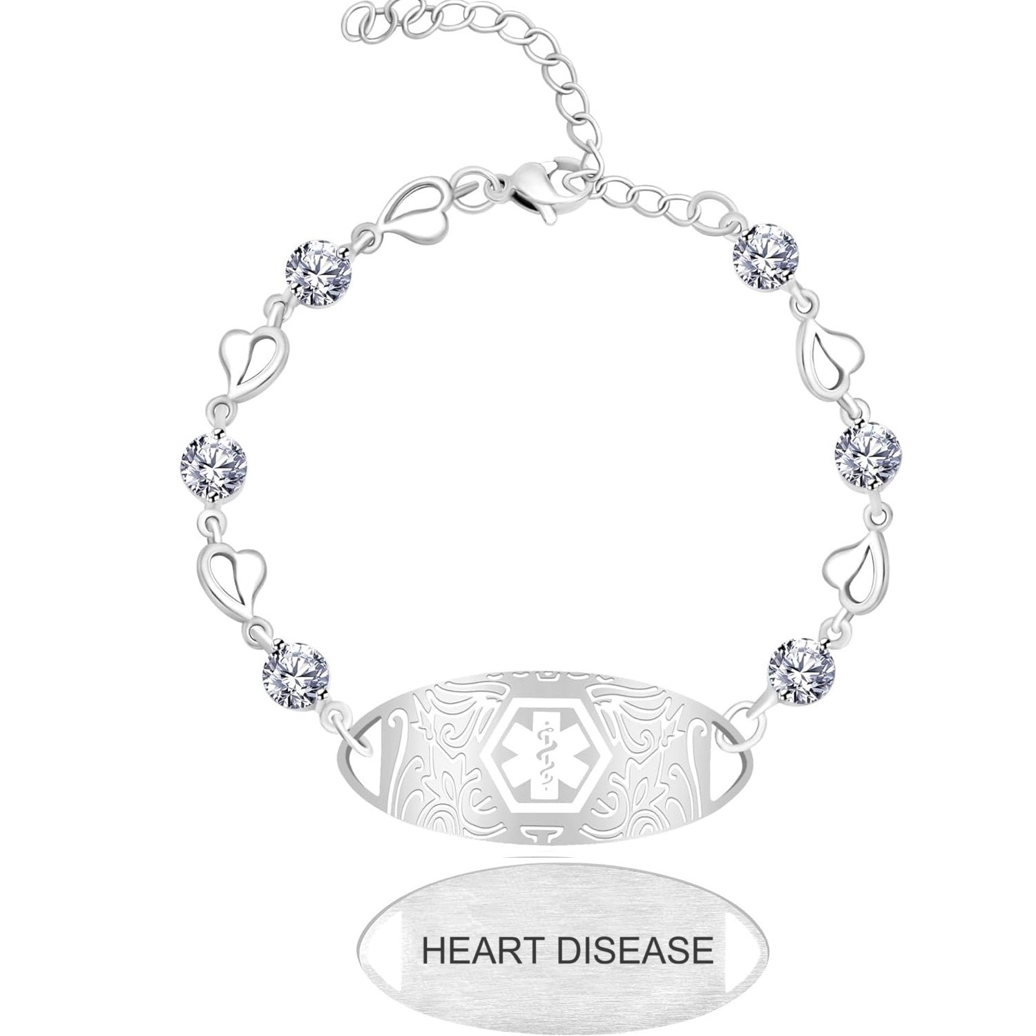 Uloveido Custom Medical ID Bracelet with White Cubic Zirconia | Elegant Floral Enamel Design | Adjustable QR Code & Engraved Emergency Contact EMS Bracelet for Women and Travelers
