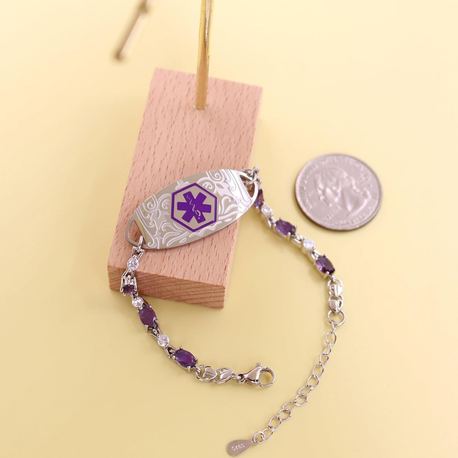 Purple Zirconia Medical Alert Bracelet for Women, Stainless Steel Medical ID Bracelet with Laser Engraved Custom Text, Lightweight Emergency Jewelry for Daily Sports Travel Wear