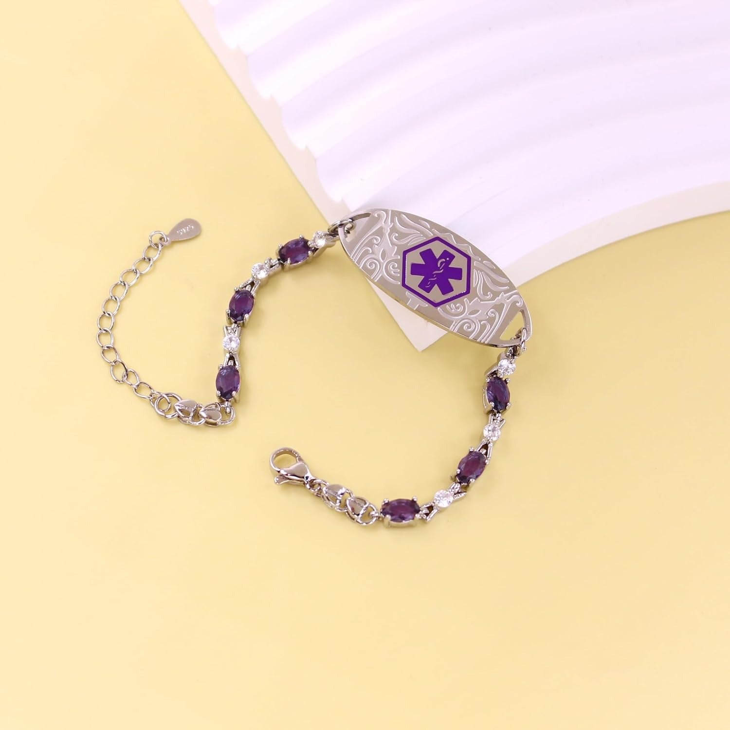 Purple Zirconia Medical Alert Bracelet for Women, Stainless Steel Medical ID Bracelet with Laser Engraved Custom Text, Lightweight Emergency Jewelry for Daily Sports Travel Wear