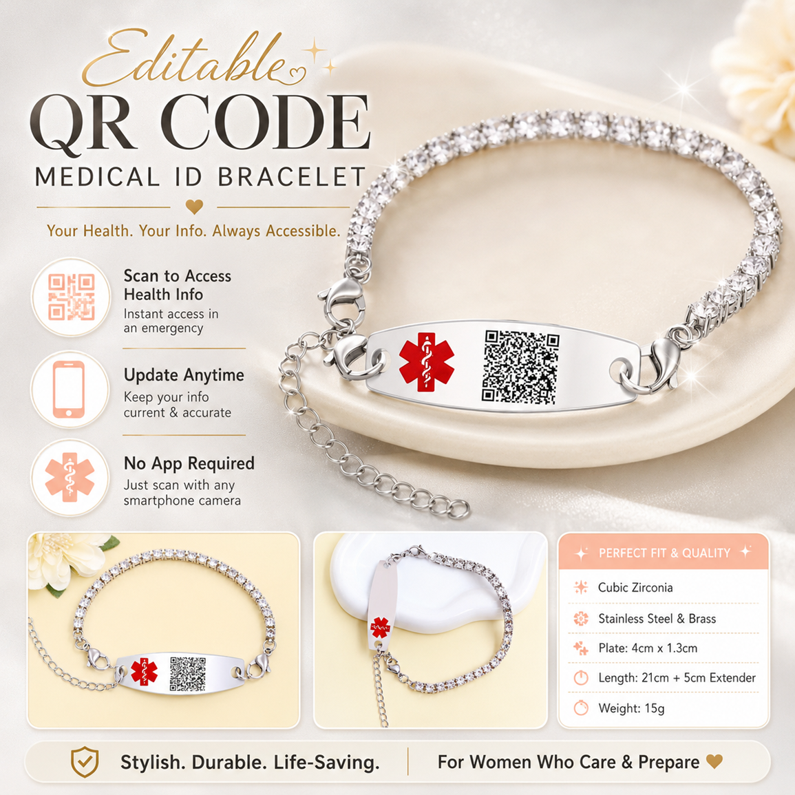 Uloveido Editable QR Code Medical Alert Tennis Bracelet for Women, Silver & Golded Color Options, Personalized Scannable Health ID Jewelry, Custom Emergency Info Wristband