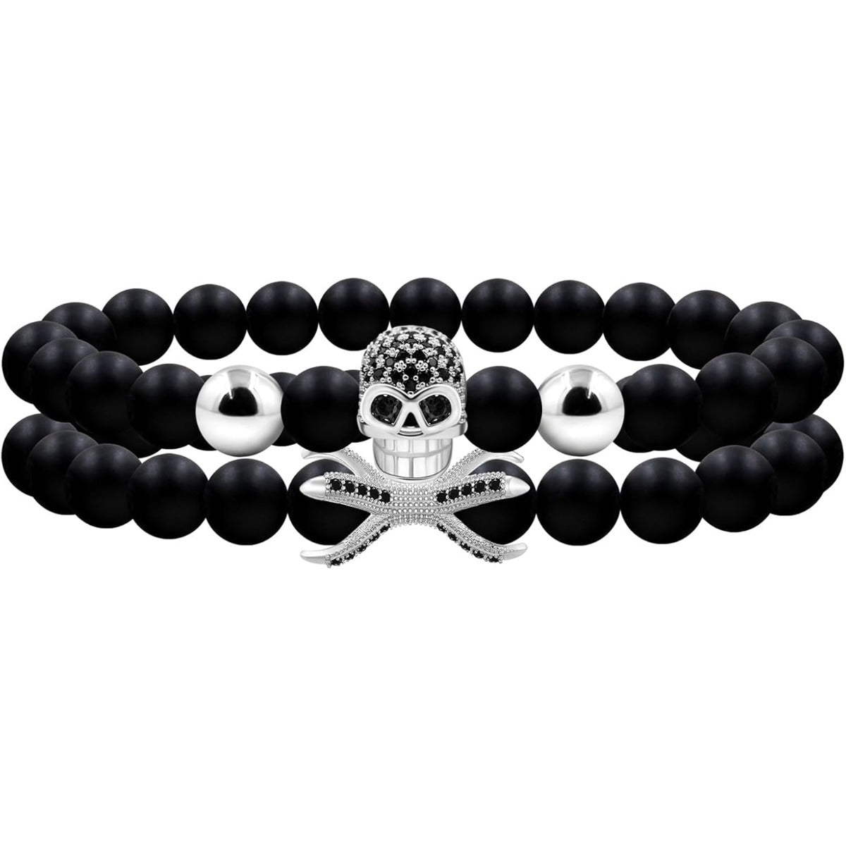 Men’s Elastic Skull Bracelet 2 Piece Set | 8mm Black Obsidian Beaded Skeleton Bracelet | Healing Energy Jewelry Gift for Him