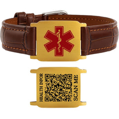 Uloveido Dynamic QR Code Medical Alert Bracelet for Men & Women, Genuine Leather Adjustable Medical ID Bracelet with Stainless Steel Plate, Scan to Update Emergency Info, No Engraving Required