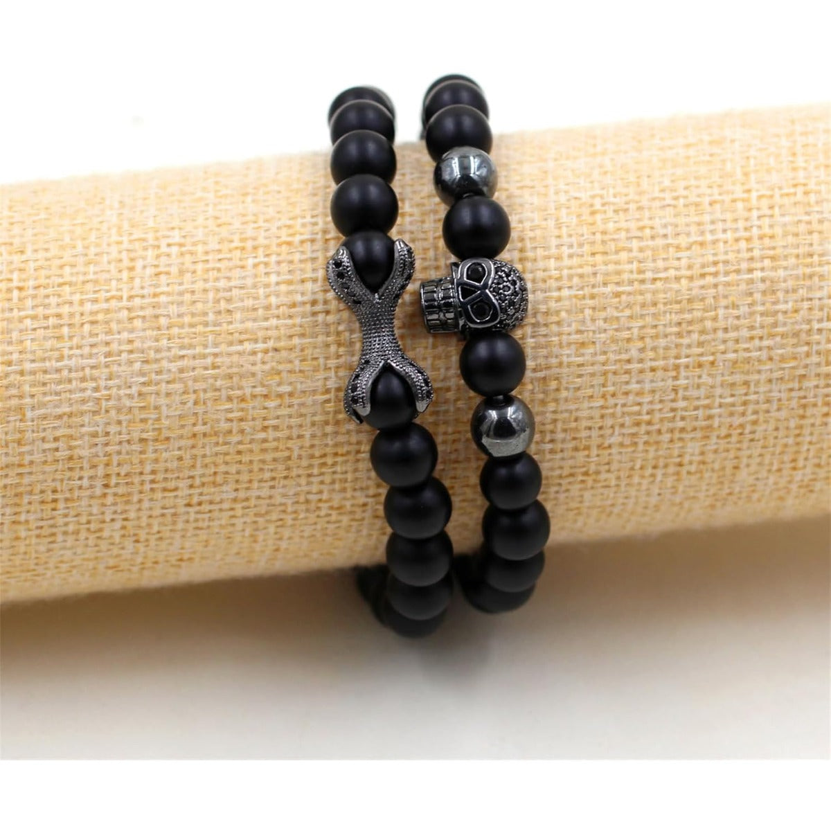 Men’s Elastic Skull Bracelet 2 Piece Set | 8mm Black Obsidian Beaded Skeleton Bracelet | Healing Energy Jewelry Gift for Him