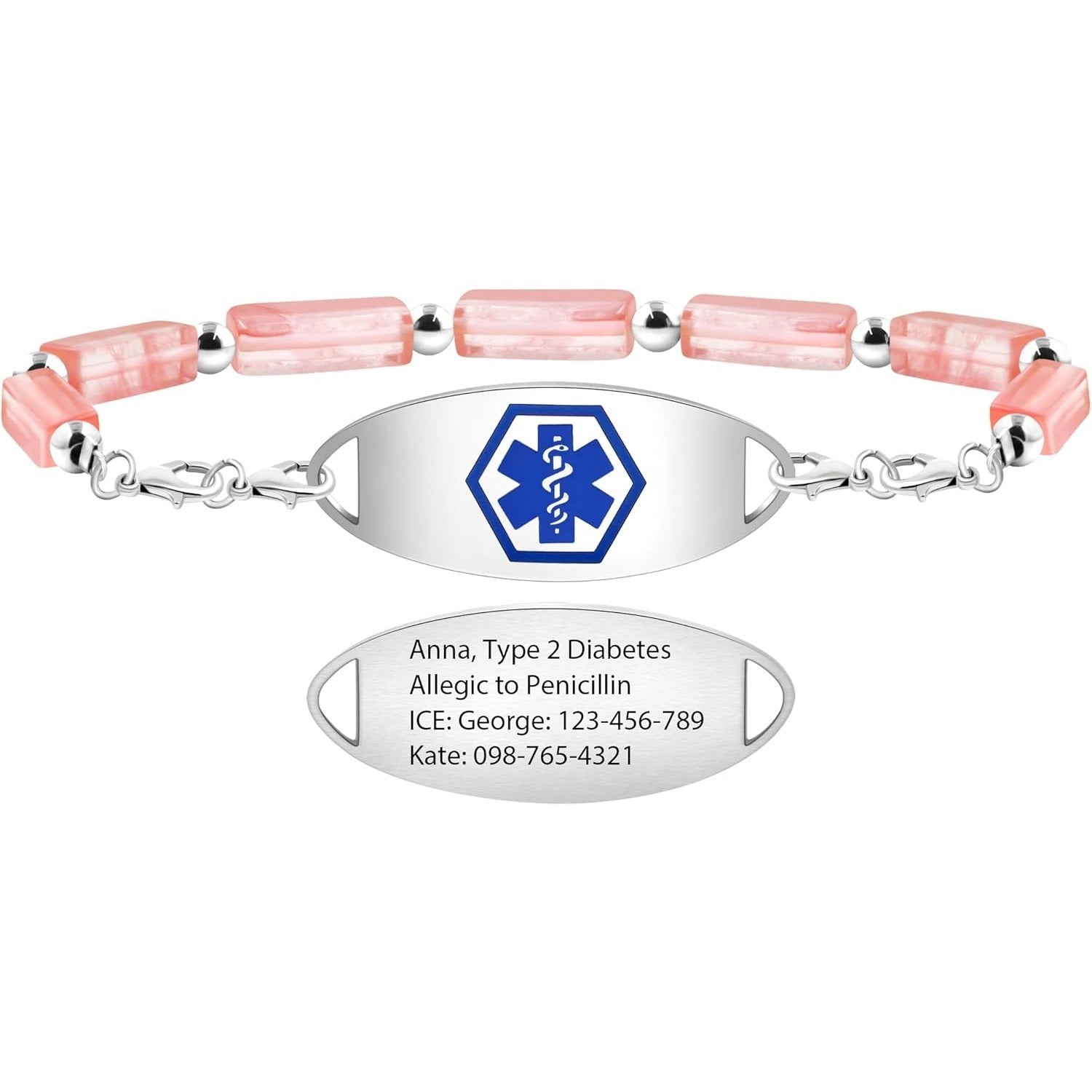 Dynamic QR Code Medical Alert Bracelet with Natural Stone Beads, Pink Stone Red Agate Black Agate White Turquoise, Stainless Steel Medical ID Bracelet, Double Lobster Clasp, No Engraving Required