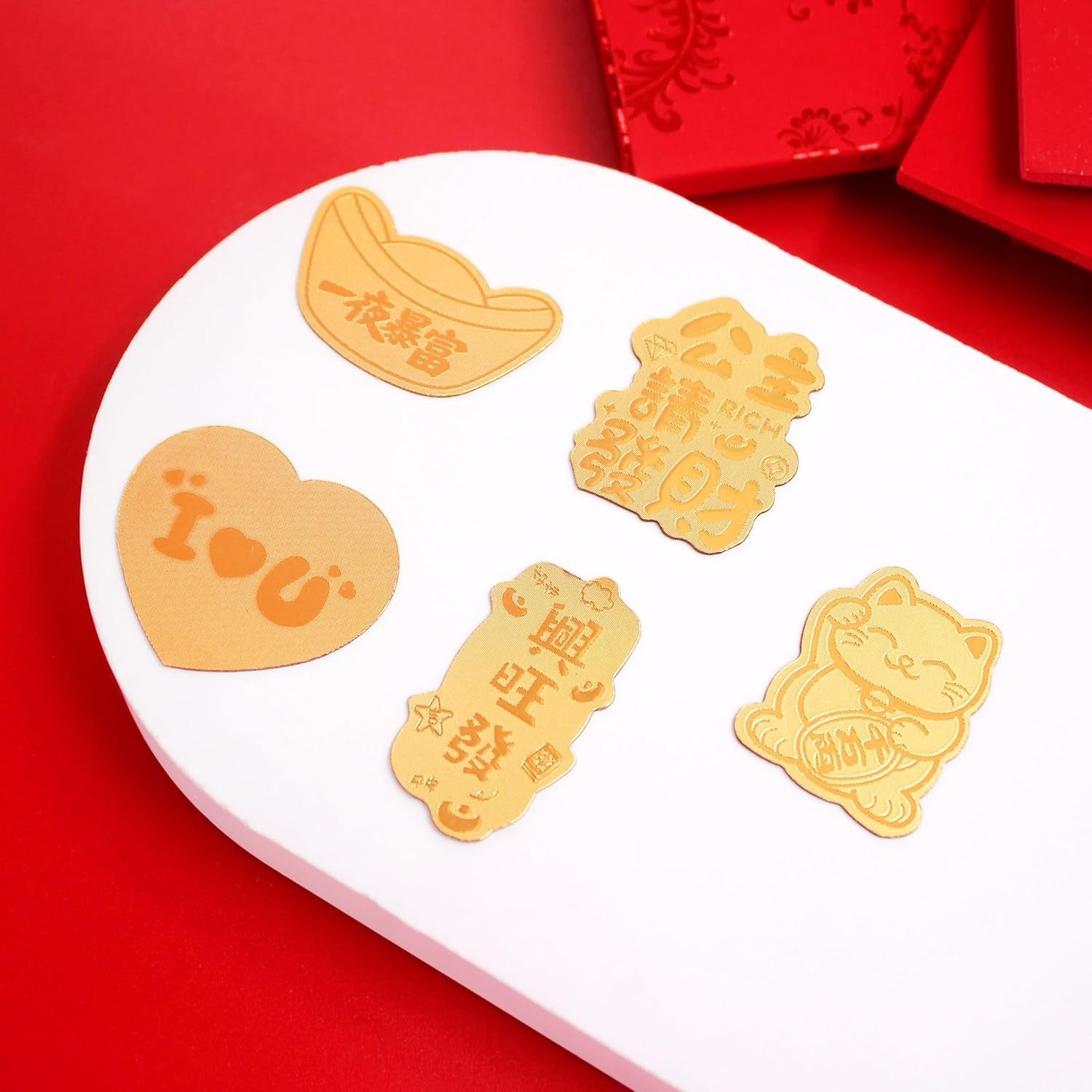 Uloveido Golded Foil Phone Decal Sticker Set, 5 Pieces Lucky Wealth Feng Shui Amulet Stickers, Chinese New Year Good Luck Phone Decorations