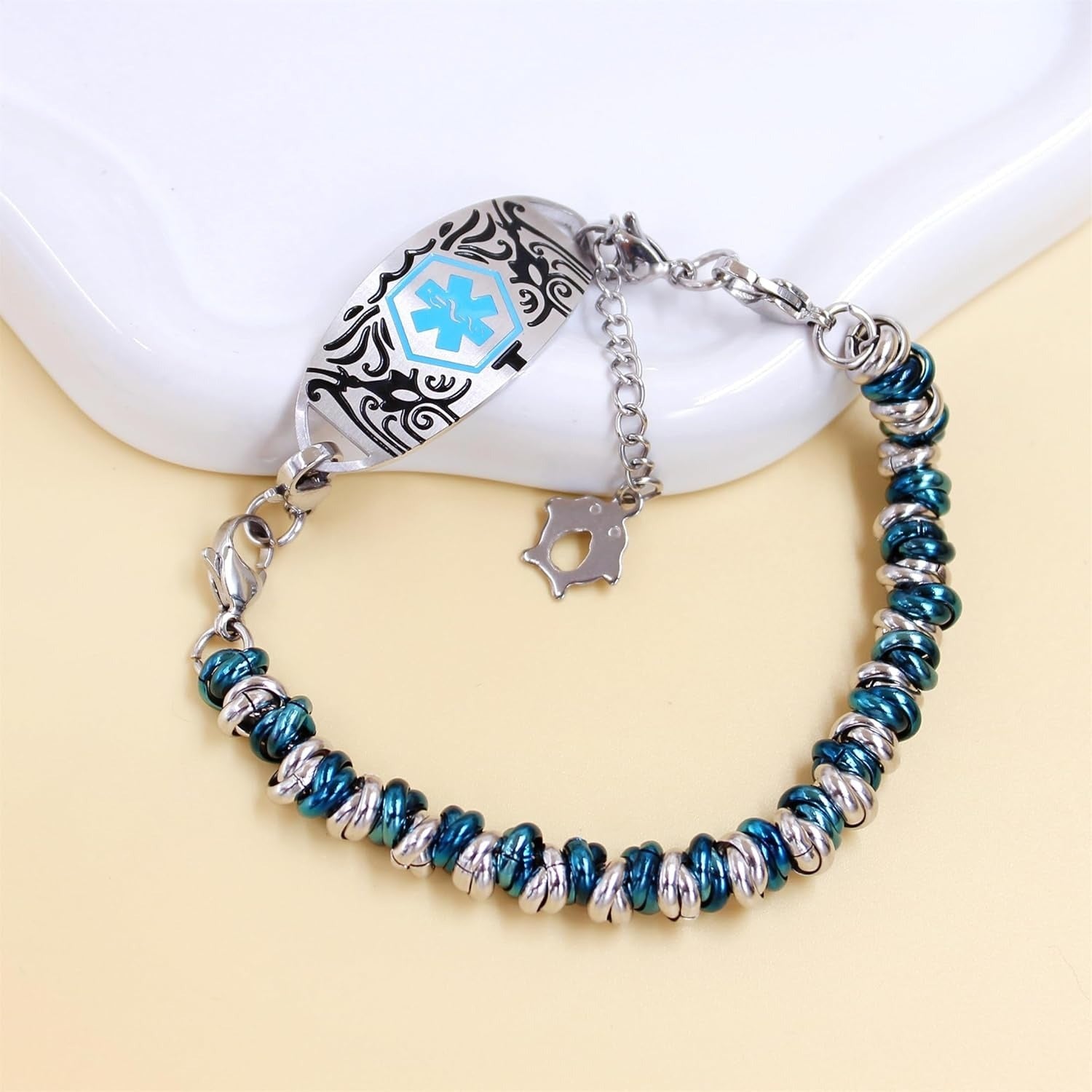 Blue & White Circle Style Stainless Steel Medical Alert Bracelet for Women Custom Engraved Medical ID with QR Code | Interchangeable Medical Plate, Double Lobster Clasp, Fashion Safety Jewelry YA5541