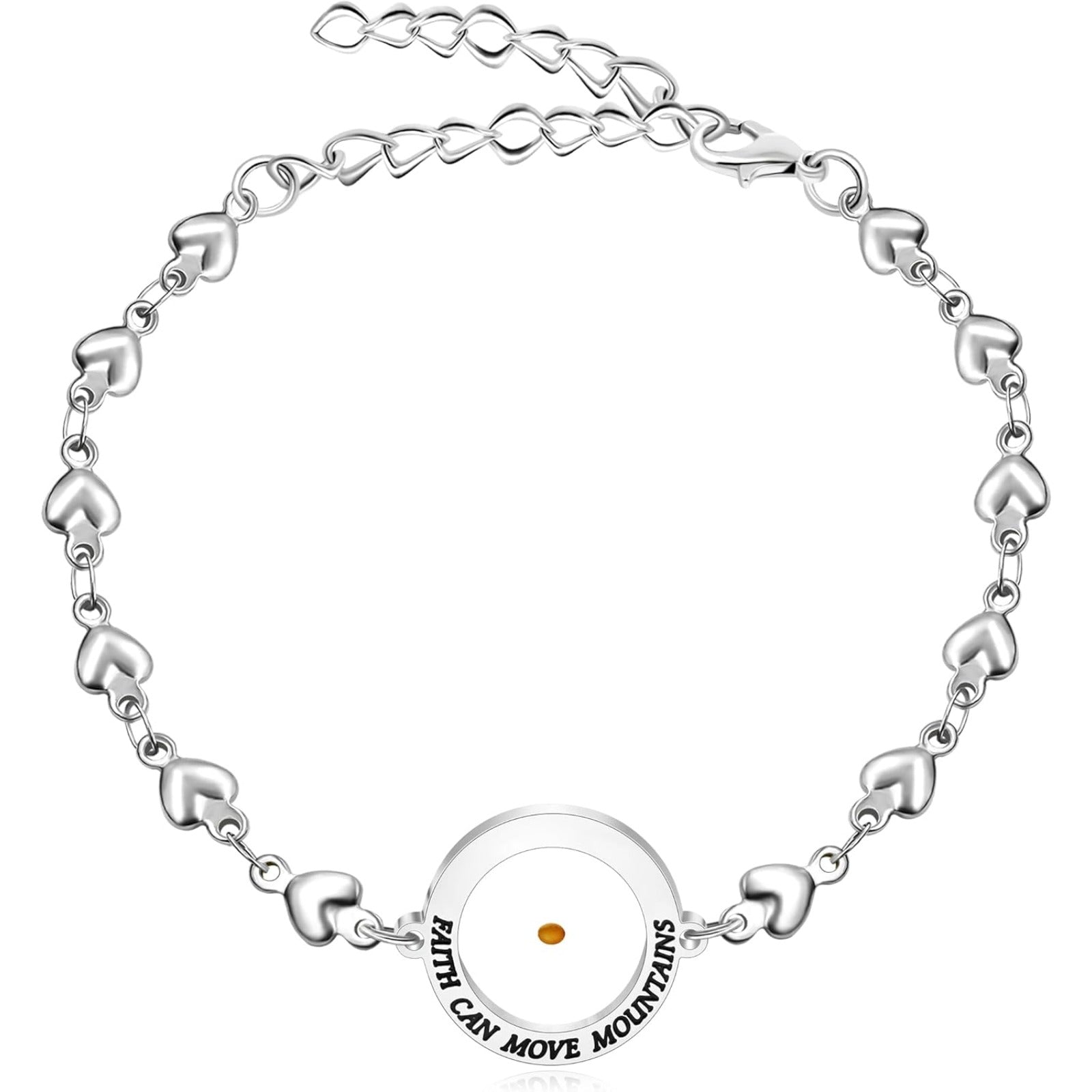 Rose Gold Stainless Steel Faith Can Move Mountains Bracelet with Heart Link Chain, Mustard Seed Charm Inspirational Jewelry