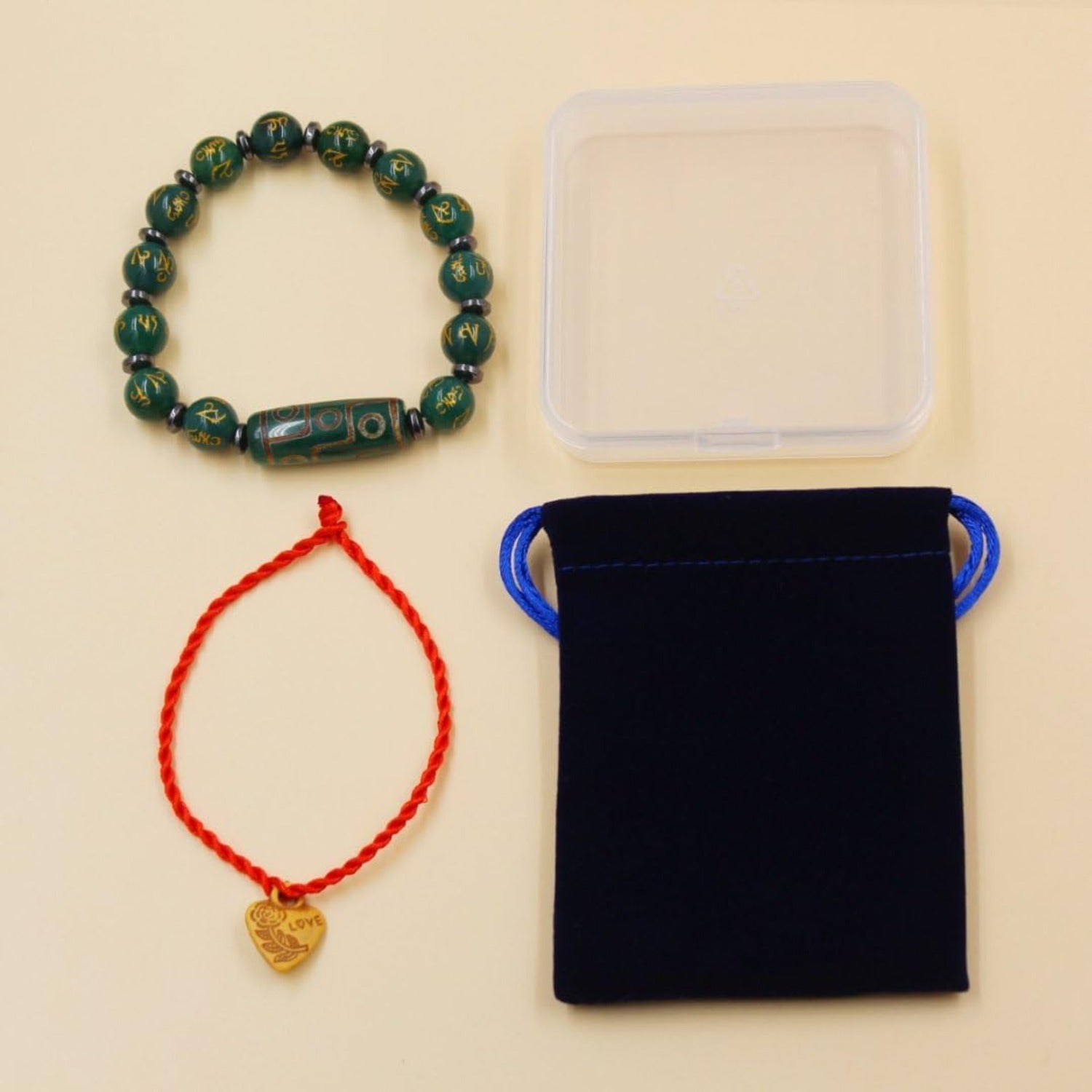 Nine Eyes Dzi Bead Bracelet with Tibetan Mantra Beads, Elastic Buddhist Beaded Bracelet for Men & Women, Green Red Brown Stone Stretch Bracelet for Meditation and Daily Wear