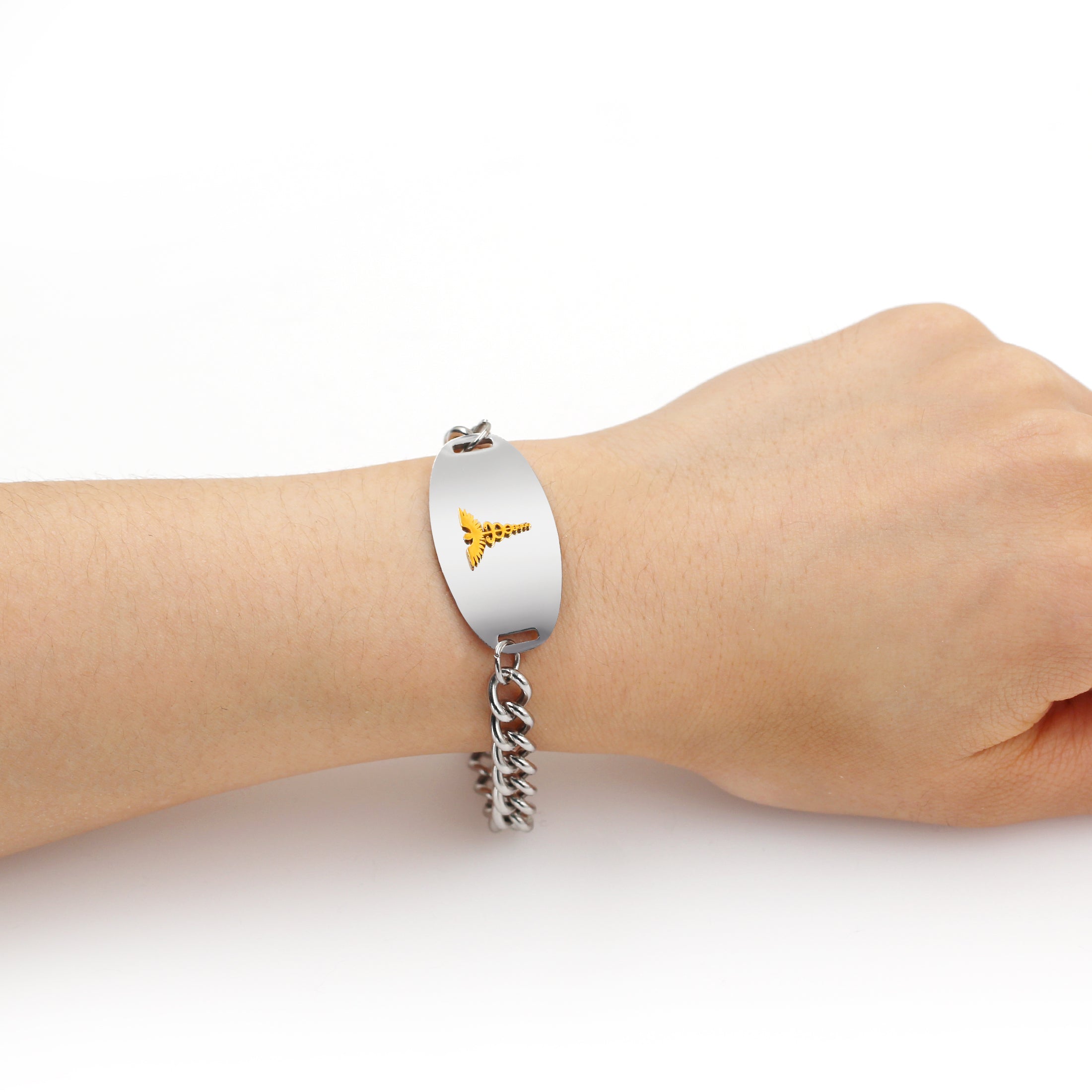 Stainless Steel Medical Alert Bracelet with Golden Caduceus Symbol Men Women | Laser Engraved or Dynamic QR Code Medical ID Bracelet | Adjustable Chain Emergency Contact Allergy ID Jewelry Black White