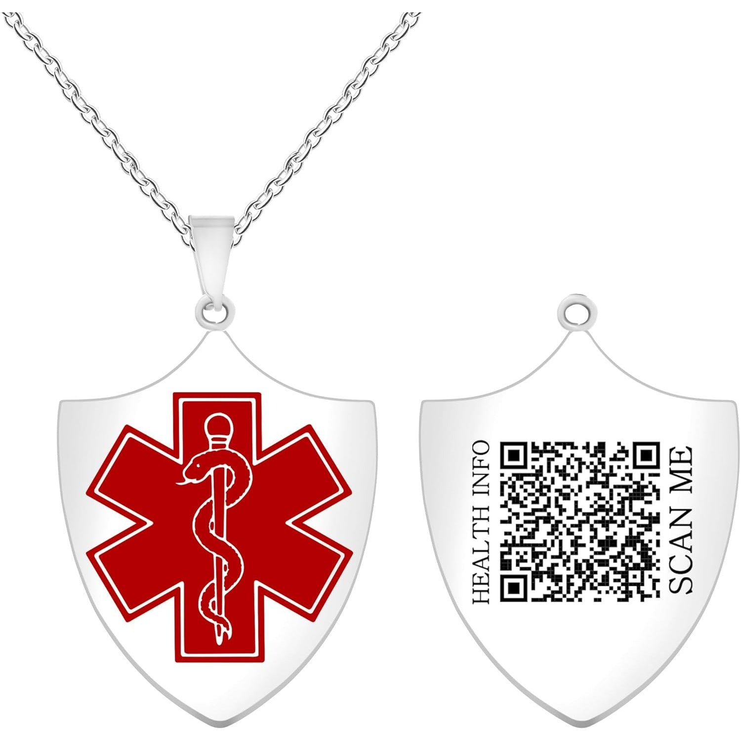 Uloveido Dynamic QR Code Medical Alert Necklace Shield Pendant, Stainless Steel Medical ID Jewelry for Men & Women, No Engraving Required, Scan to Update Emergency Medical Information, Red/Blue