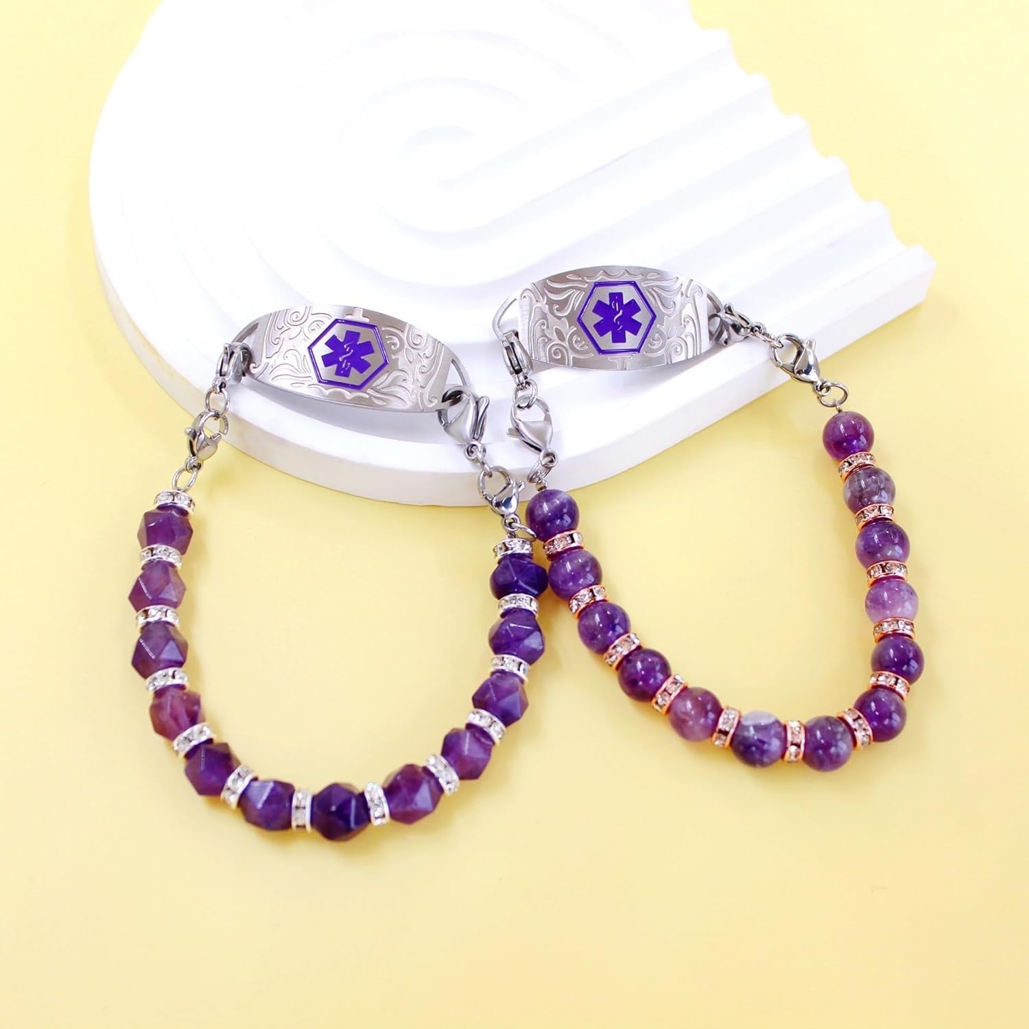 Dynamic QR Code Medical Alert Bracelet for Women, Faceted Purple Crystal Beads Medical ID Bracelet, Scan to Edit Health Info, Stainless Steel Interchangeable Medical Tag