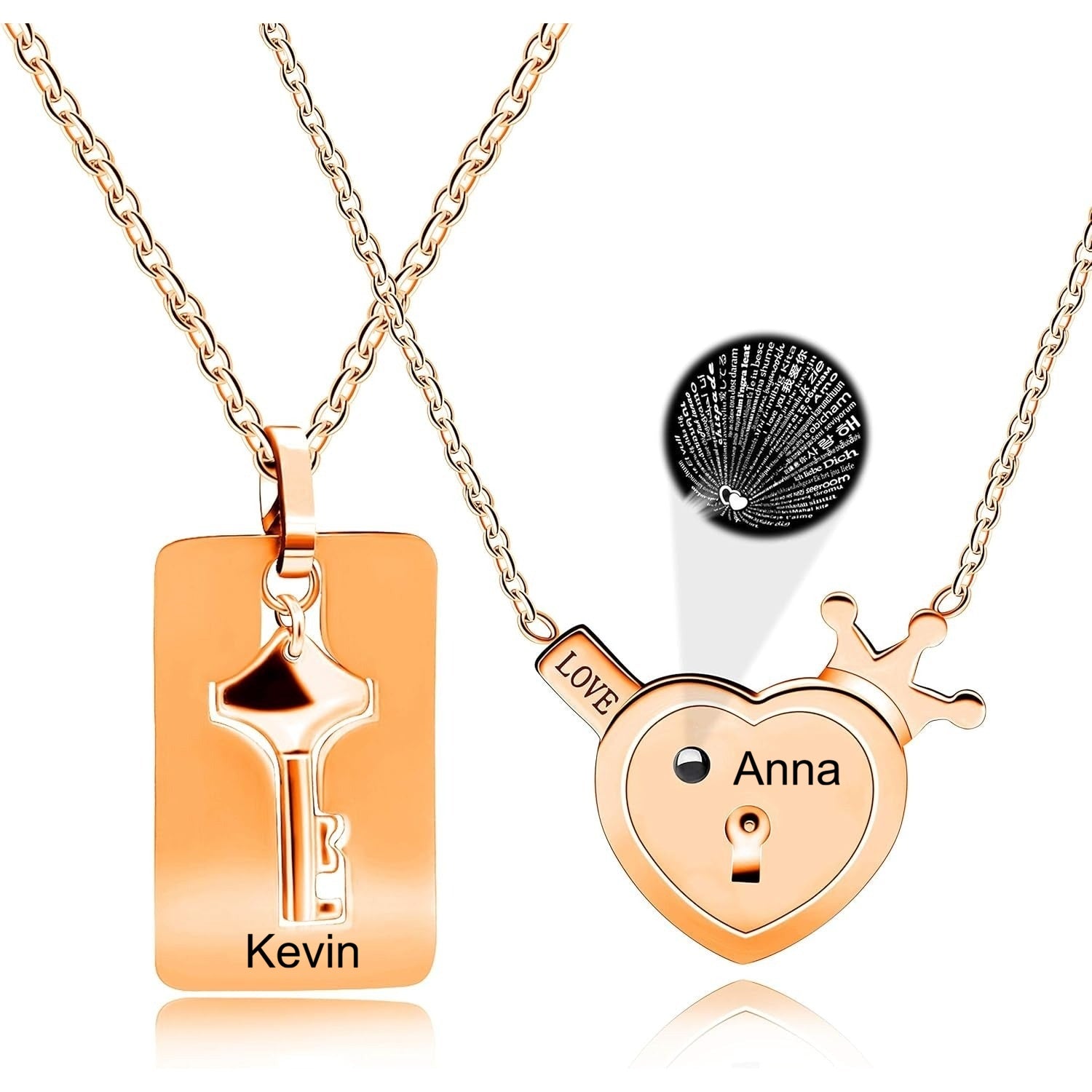 Personalized Stainless Steel Heart Lock & Key Necklace Set for Couples | 100 Languages I Love You Projection Jewelry | Custom Name Engraved Matching Pendant for Wedding Anniversary Gift