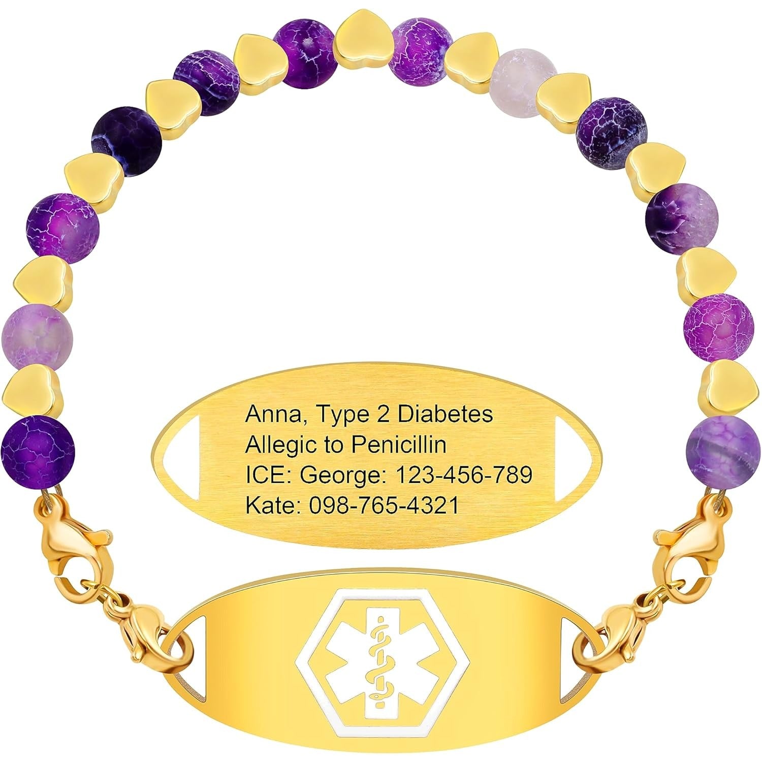 Stainless Steel Medical Alert Bracelet for Women 18K Gold Plated Tarnish Resistant | Laser Engraved or Dynamic QR Code ID Bracelet | Green Pink Purple Crack Bead Heart Adjustable Jewelry