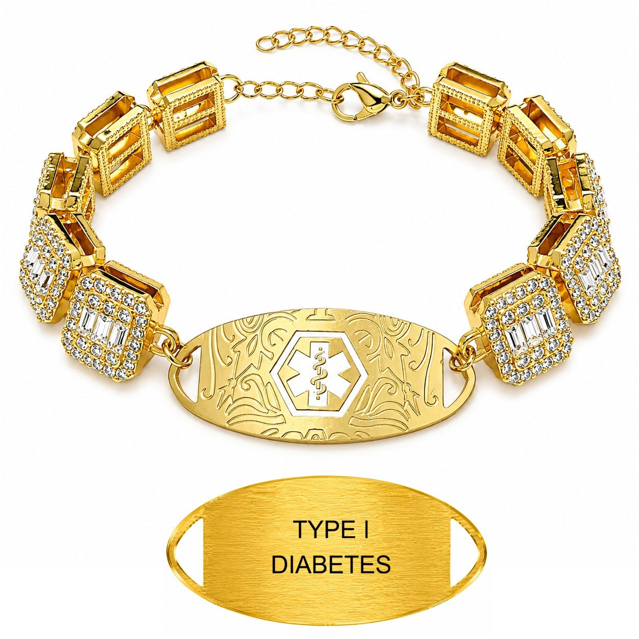 Rhinestone Medical ID Bracelet for Women, Luxury Square Link Chain Bracelet with Stainless Steel ID Plate, Custom Engraving or QR Code Emergency Information Jewelry, Adjustable Safety Bracelet