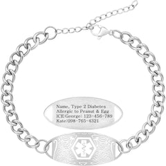 Uloveido Custom Medical ID Bracelet for Men Women | Personalized Engraved Stainless Steel Curb Link Chain Bracelet | Emergency Alert Health Information Jewelry Adjustable 20-25cm