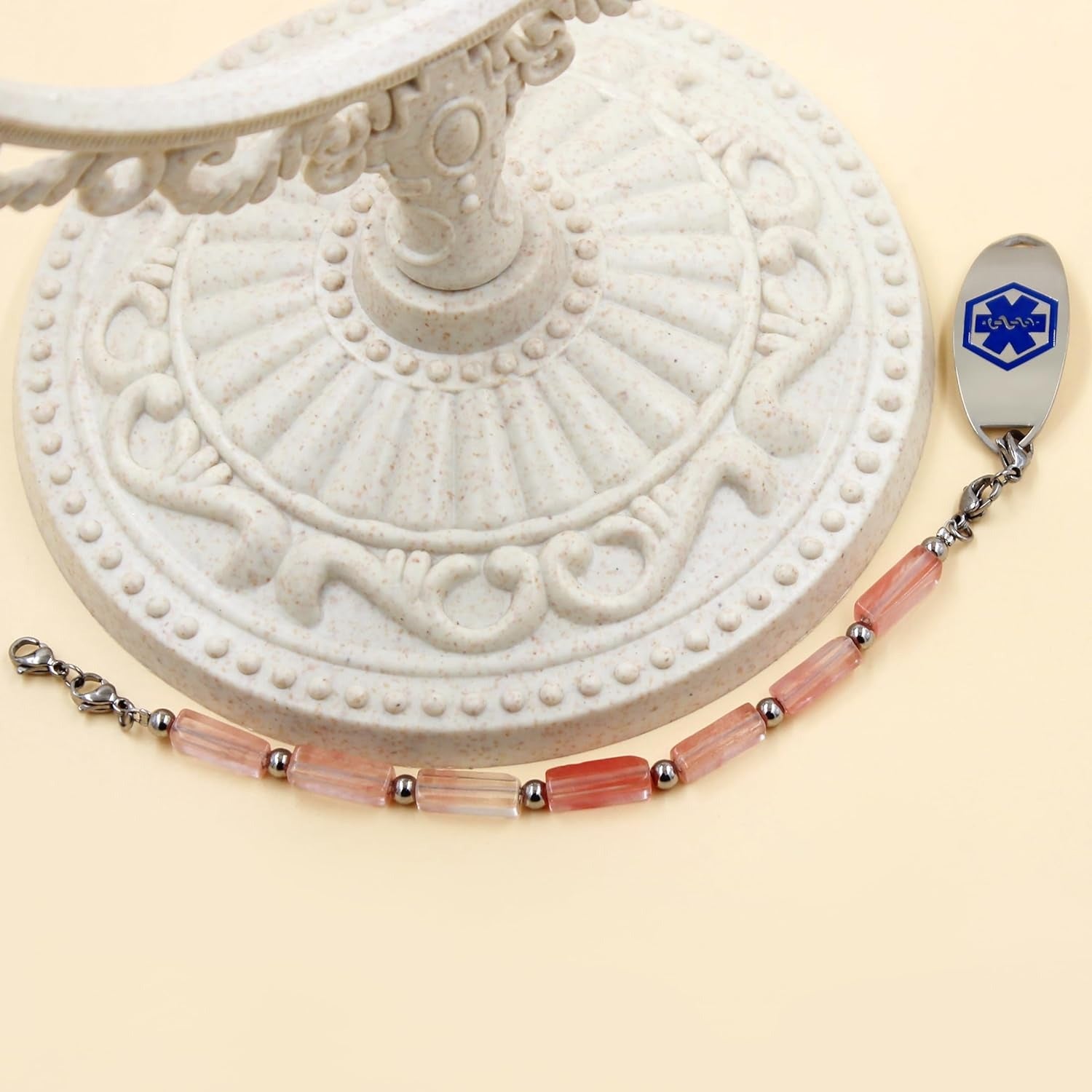 Dynamic QR Code Medical Alert Bracelet with Natural Stone Beads, Pink Stone Red Agate Black Agate White Turquoise, Stainless Steel Medical ID Bracelet, Double Lobster Clasp, No Engraving Required