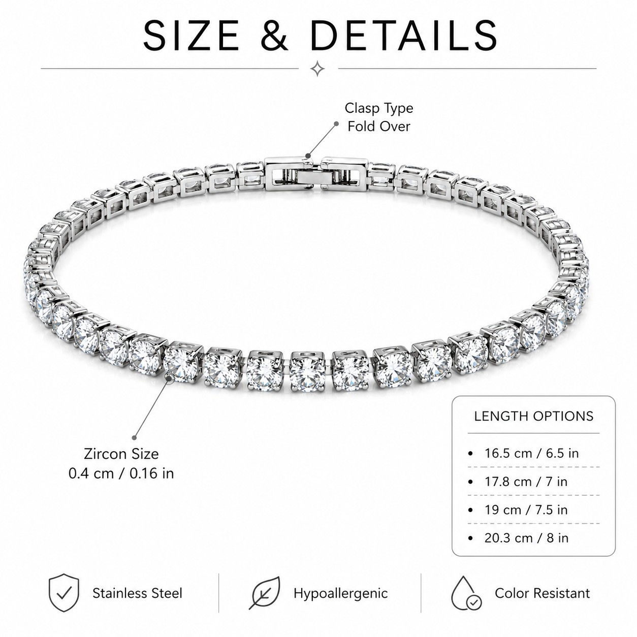 Tennis Bracelets for Women Men Stainless Steel 4mm AAAAA Cubic Zirconia Classic Tennis Bracelet Sparkly CZ Bracelet with Fold Over Clasp, Size 6.5/7/7.5/8 Inch Romantic Valentines Day Jewelry