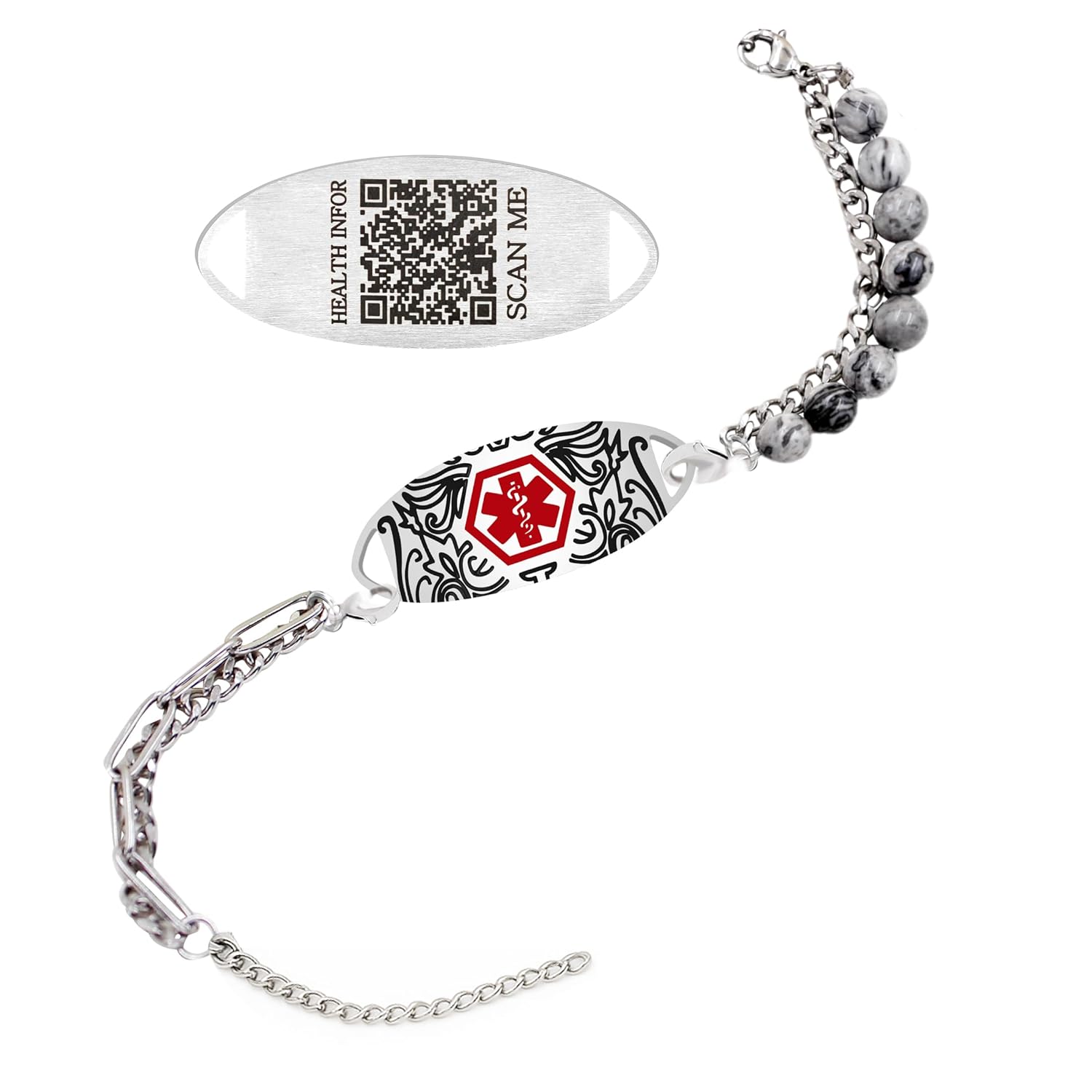 Customized Engraving Grey Map Jasper Double-Strand Medical Alert Bracelet | Stainless Steel Interchangeable Lobster Clasp | Caduceus & Star of Life EMS Bracelets for Seniors & Allergies