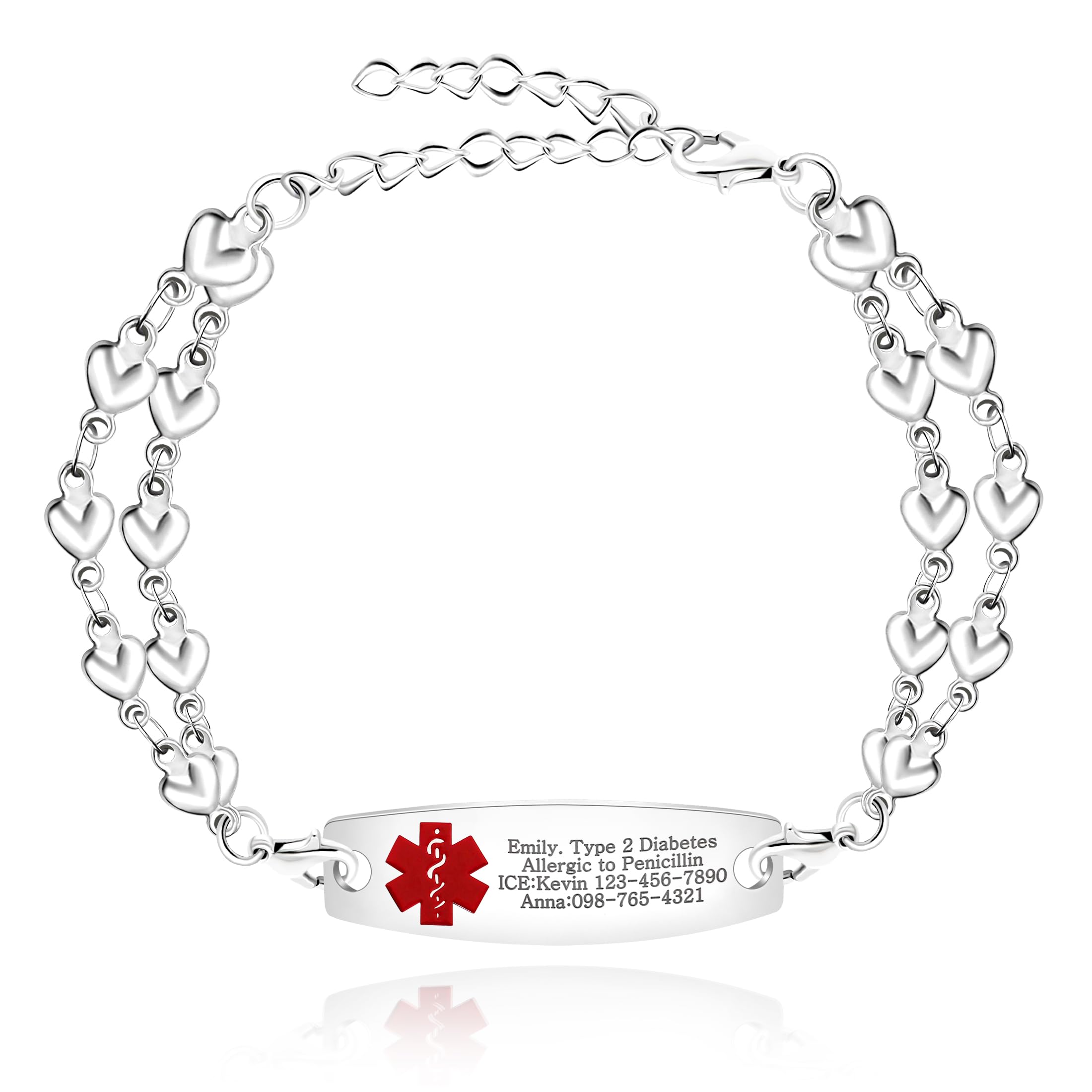 Uloveido Heart Medical ID Bracelet for Women, Double Chain Stainless Steel Emergency Info Wristband, Dynamic QR Code or Personalized Engraving, Adjustable Safety Jewelry for Daily Wear