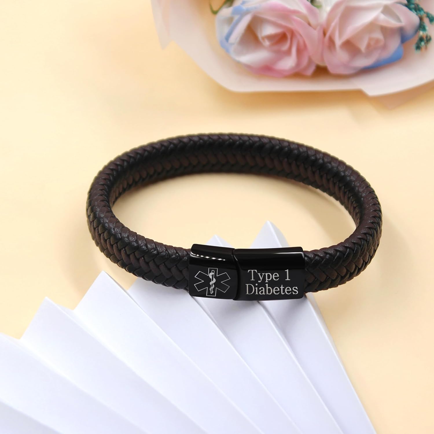 Medical Alert Cuff Bracelet for Men and Women, Black Stainless Steel Clasp Emergency ID Wristband, PU Leather Health Information Band YA5551