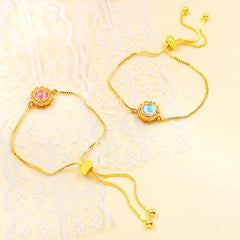 Uloveido Elegant Gold Brass Bracelet – Engraved Glass Floral Charm, Adjustable Chain | Stylish Positive Energy Jewelry, Perfect for Everyday Wear & Friendship