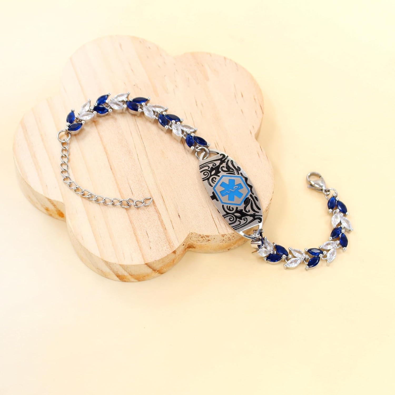 Uloveido Blue & White Leaf CZ Medical Alert Bracelet for Women | Dynamic QR Code or Custom Engraved ID Jewelry | Emergency Contact Allergy Health Info Stainless Steel & Copper Adjustable Wristband