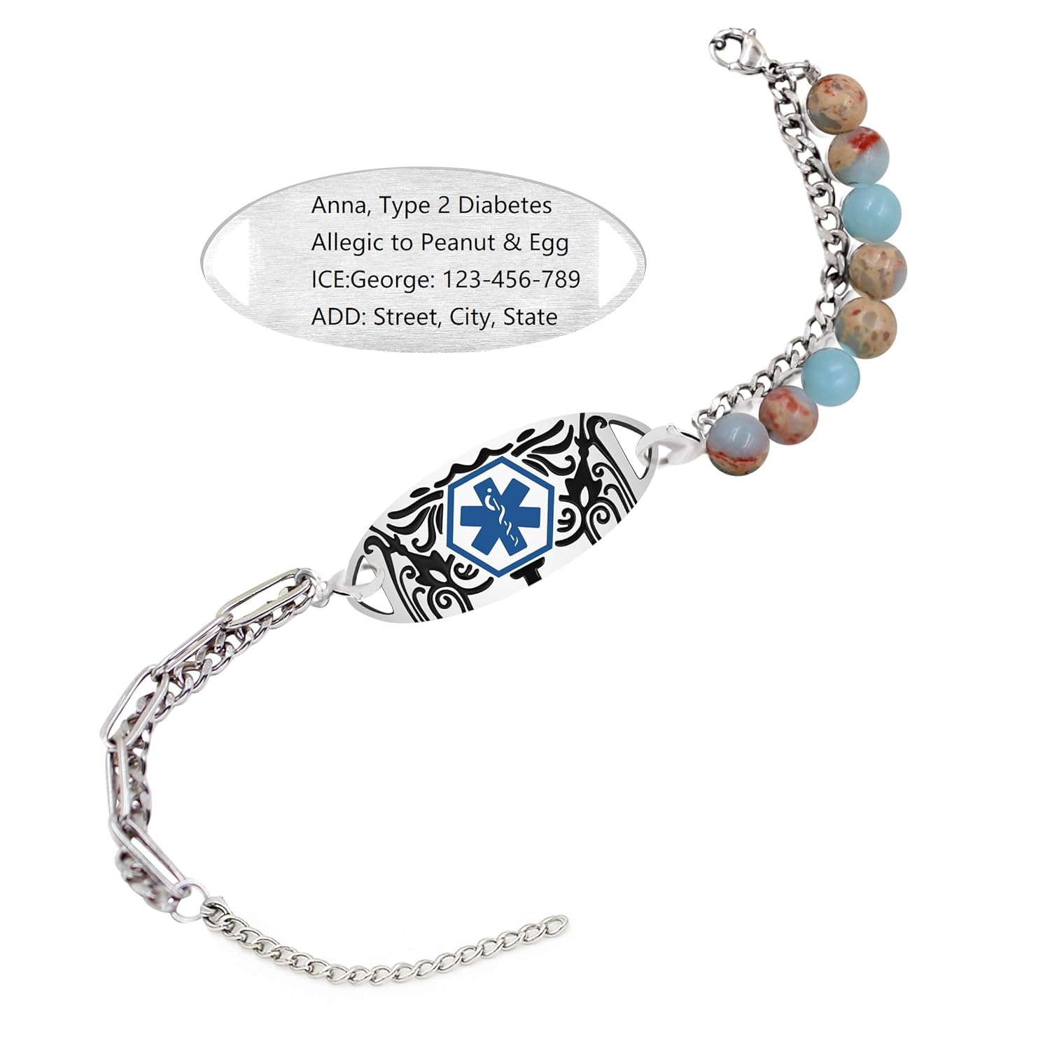Customized Engraving Grey Map Jasper Double-Strand Medical Alert Bracelet | Stainless Steel Interchangeable Lobster Clasp | Caduceus & Star of Life EMS Bracelets for Seniors & Allergies