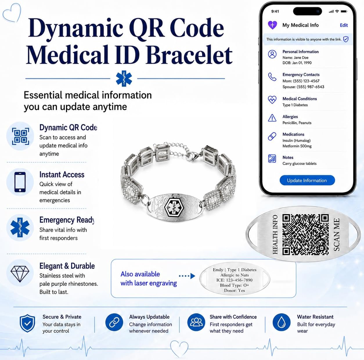 Rhinestone Medical ID Bracelet for Women, Luxury Square Link Chain Bracelet with Stainless Steel ID Plate, Custom Engraving or QR Code Emergency Information Jewelry, Adjustable Safety Bracelet