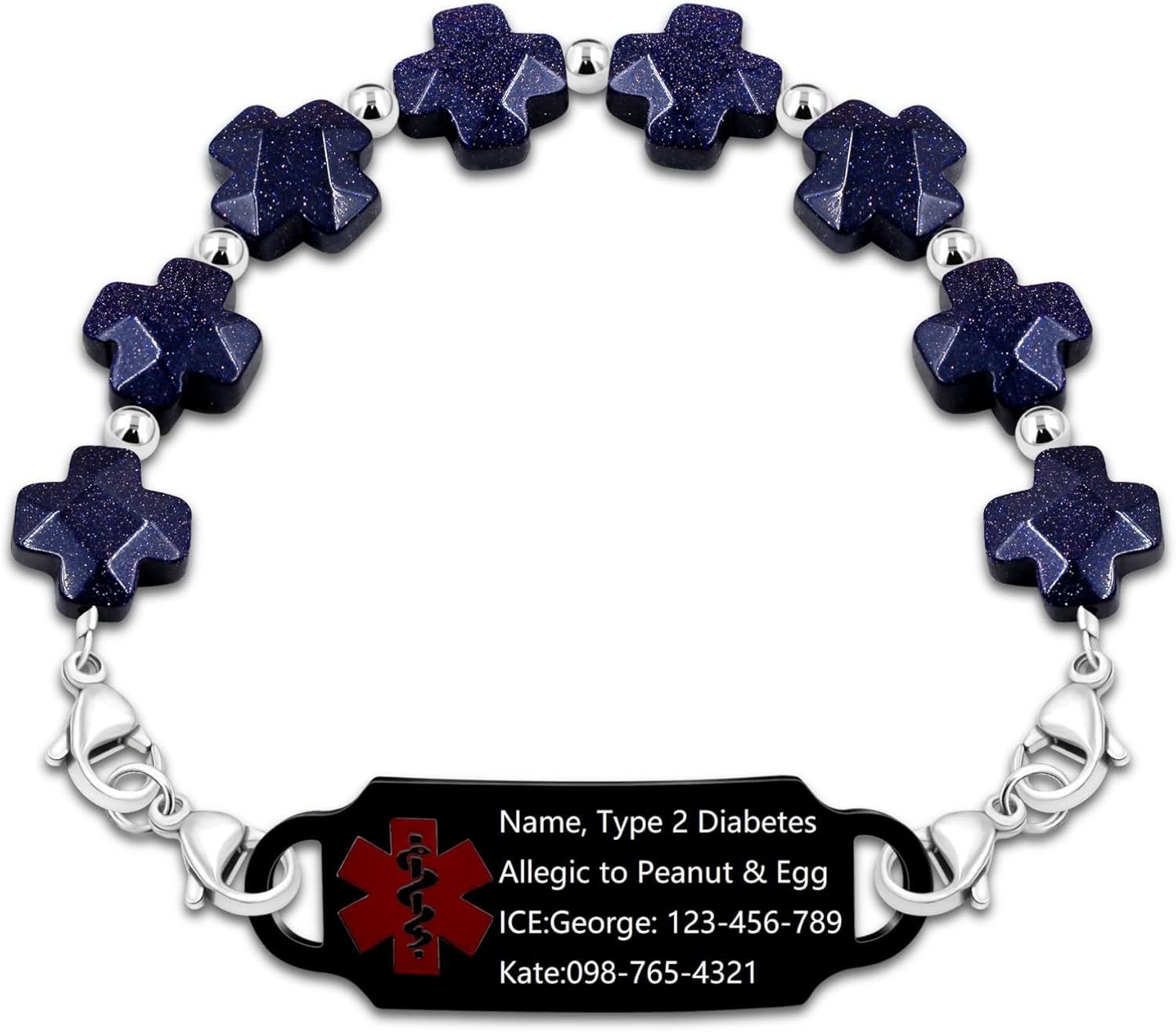 Customized Stainless Steel Medical Alert First Responder ID Tag Bracelet | Double Lobster Clasp Natural Greek Cross Stone Hospital Rescue Bracelet with Rod of Asclepius for Life-Saving