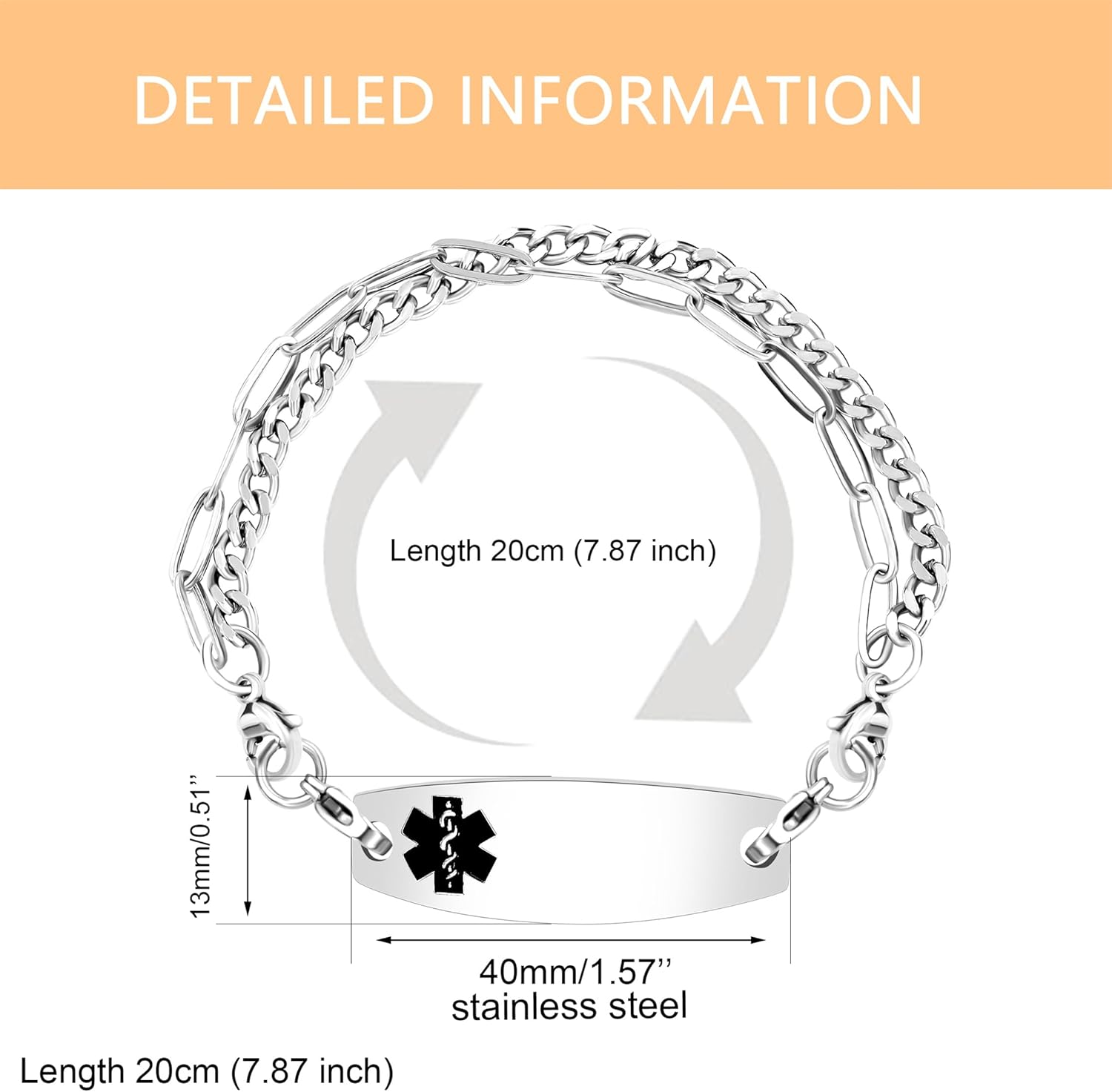 Uloveido Men's Medical Alert Bracelet - Stainless Steel Interchangeable Emergency ID with Free Custom Engraving, 7.87" Ladies First Response to Distress Jewelry