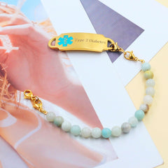Exquisite Elastic Alert Bracelet for Women, Custom Medical ID Bracelet with Stainless Steel Tag & 6mm Natural Amazon Stone Chain, Secure Fit for Birthdays, Holidays, Family Gatherings