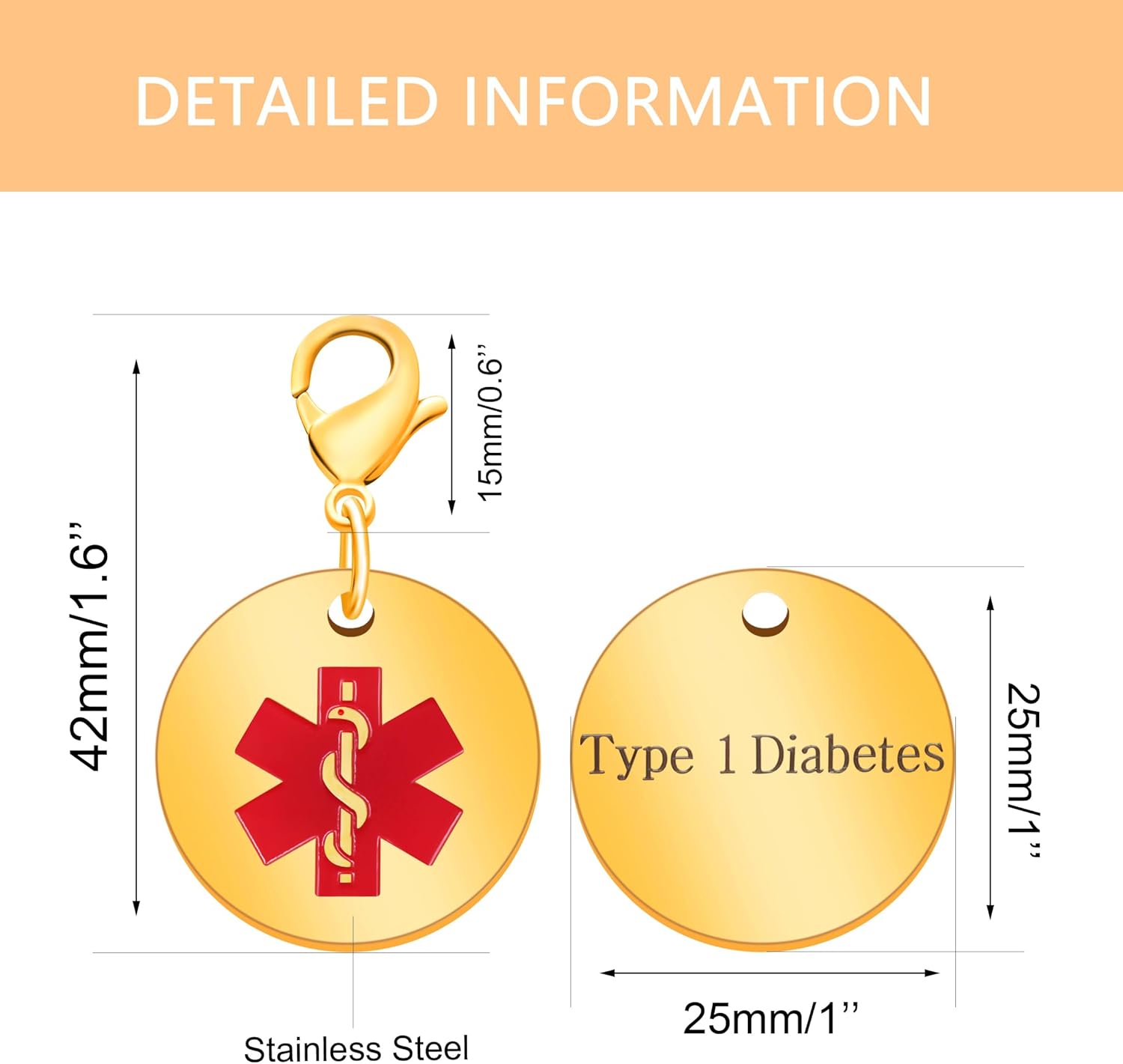 Medical Keychain Round Waterproof Stainless Steel Free Customizable Emergency Medical Jewelry for Men Women Seniors
