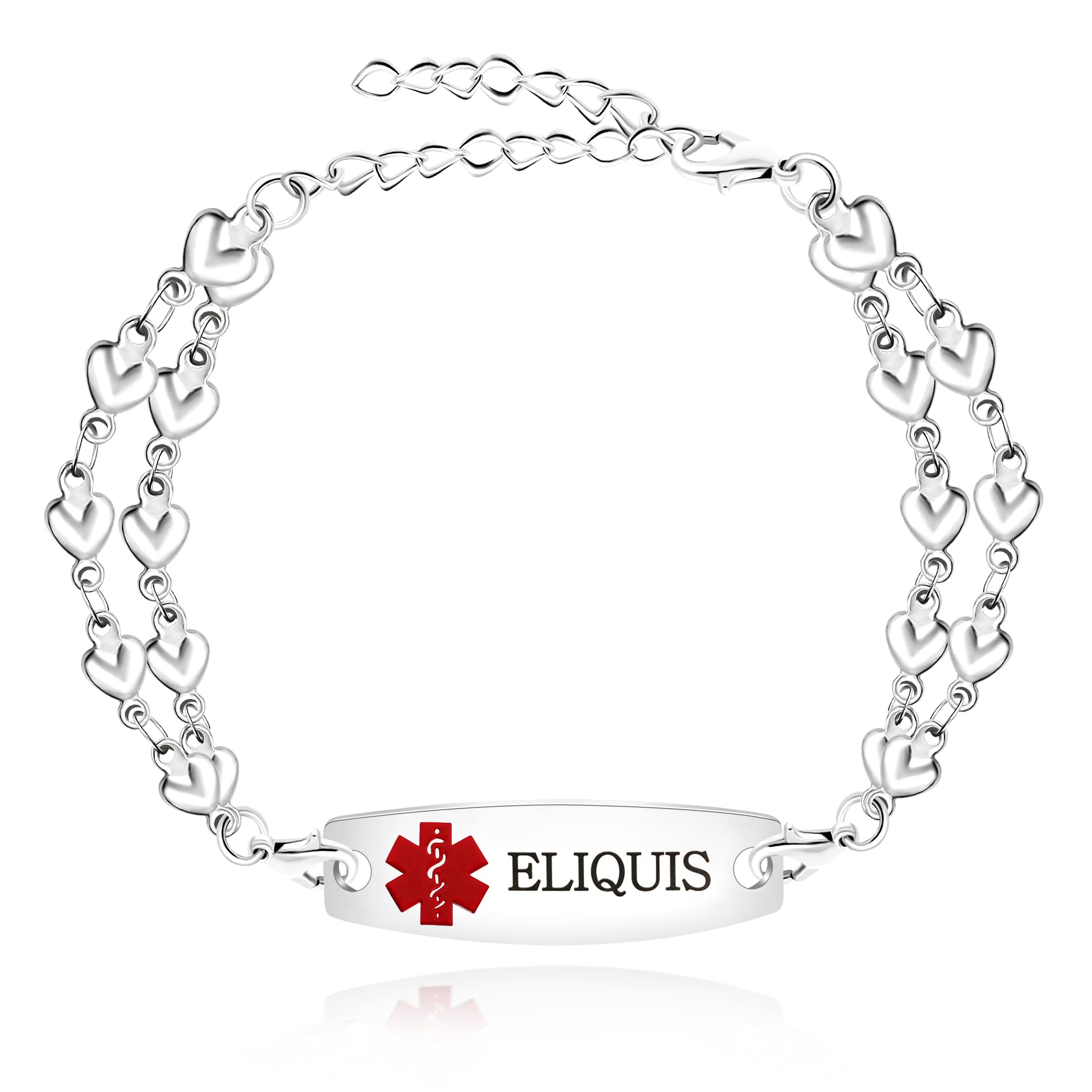 Uloveido Heart Medical ID Bracelet for Women, Double Chain Stainless Steel Emergency Info Wristband, Dynamic QR Code or Personalized Engraving, Adjustable Safety Jewelry for Daily Wear