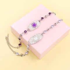 Uloveido Custom Medical ID Bracelet with White Cubic Zirconia | Elegant Floral Enamel Design | Adjustable QR Code & Engraved Emergency Contact EMS Bracelet for Women and Travelers