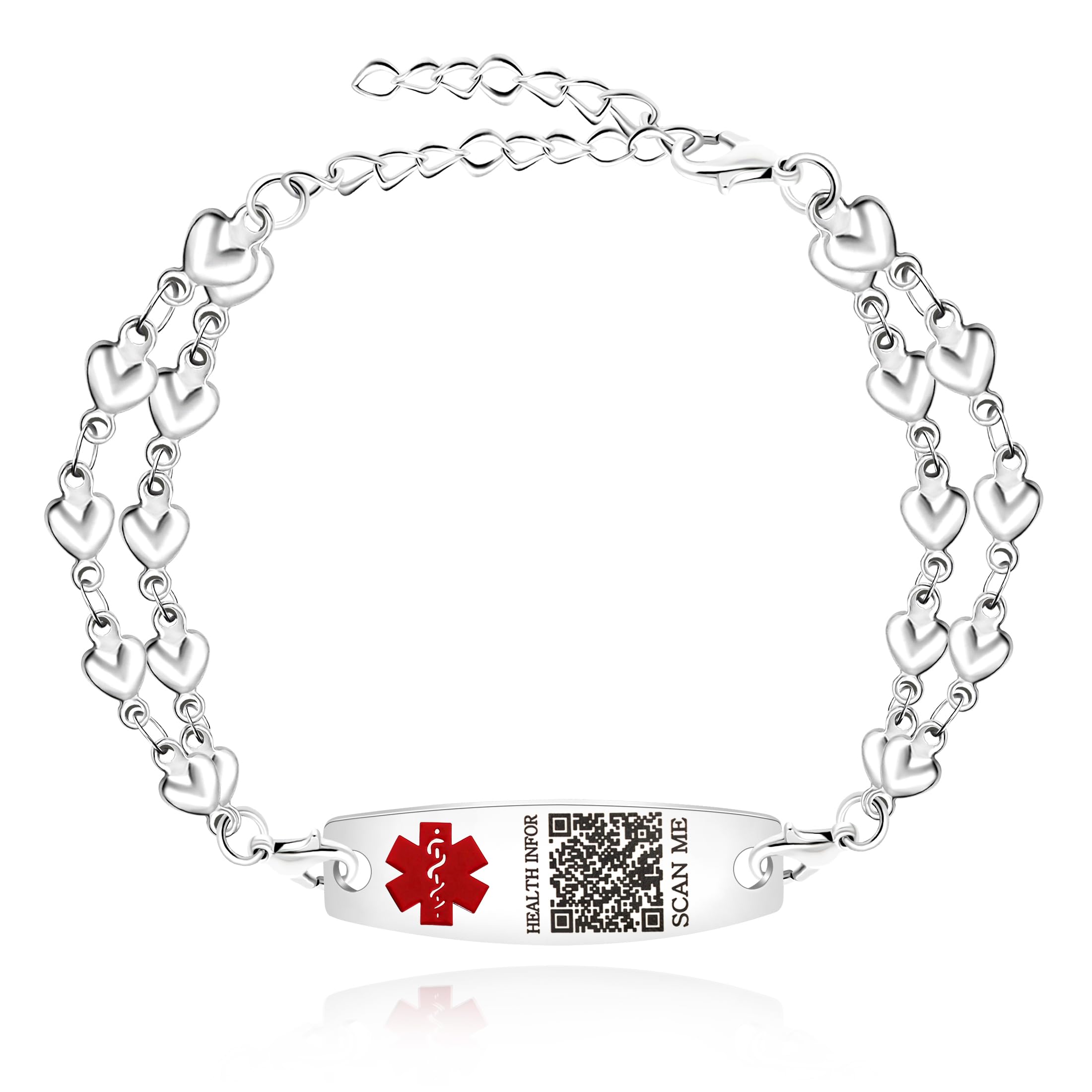 Uloveido Heart Medical ID Bracelet for Women, Double Chain Stainless Steel Emergency Info Wristband, Dynamic QR Code or Personalized Engraving, Adjustable Safety Jewelry for Daily Wear