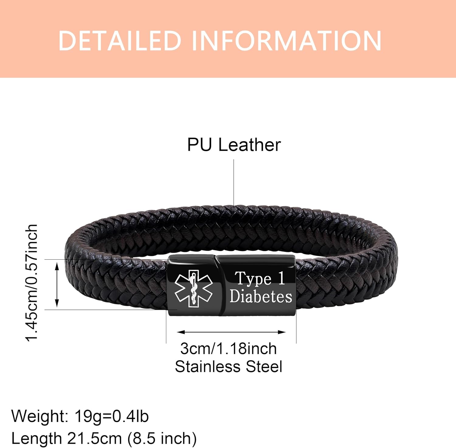 Medical Alert Cuff Bracelet for Men and Women, Black Stainless Steel Clasp Emergency ID Wristband, PU Leather Health Information Band YA5551