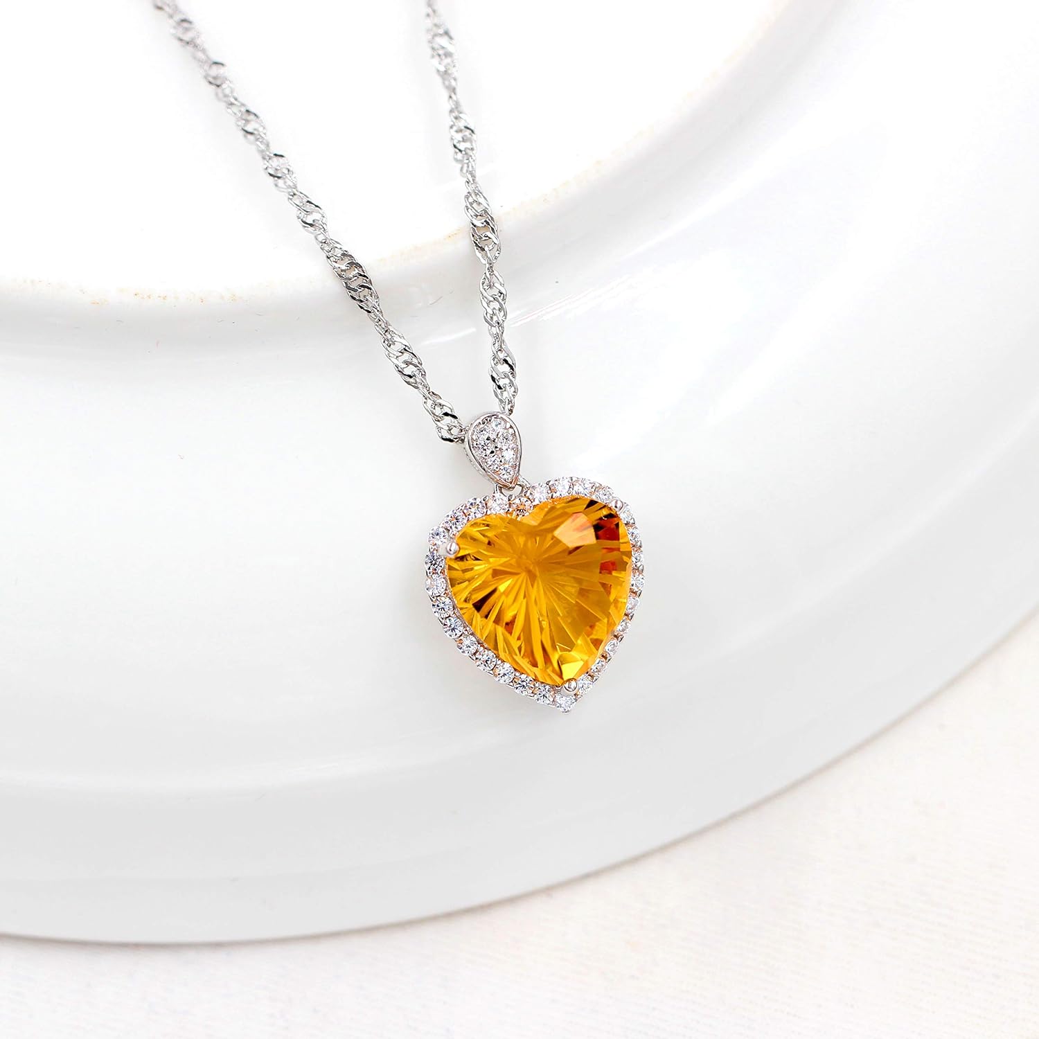 925 Sterling Silver Natural Citrine Necklace, Heart-Shape Gemstone, Platinum Plated, November Birthstone Pendant