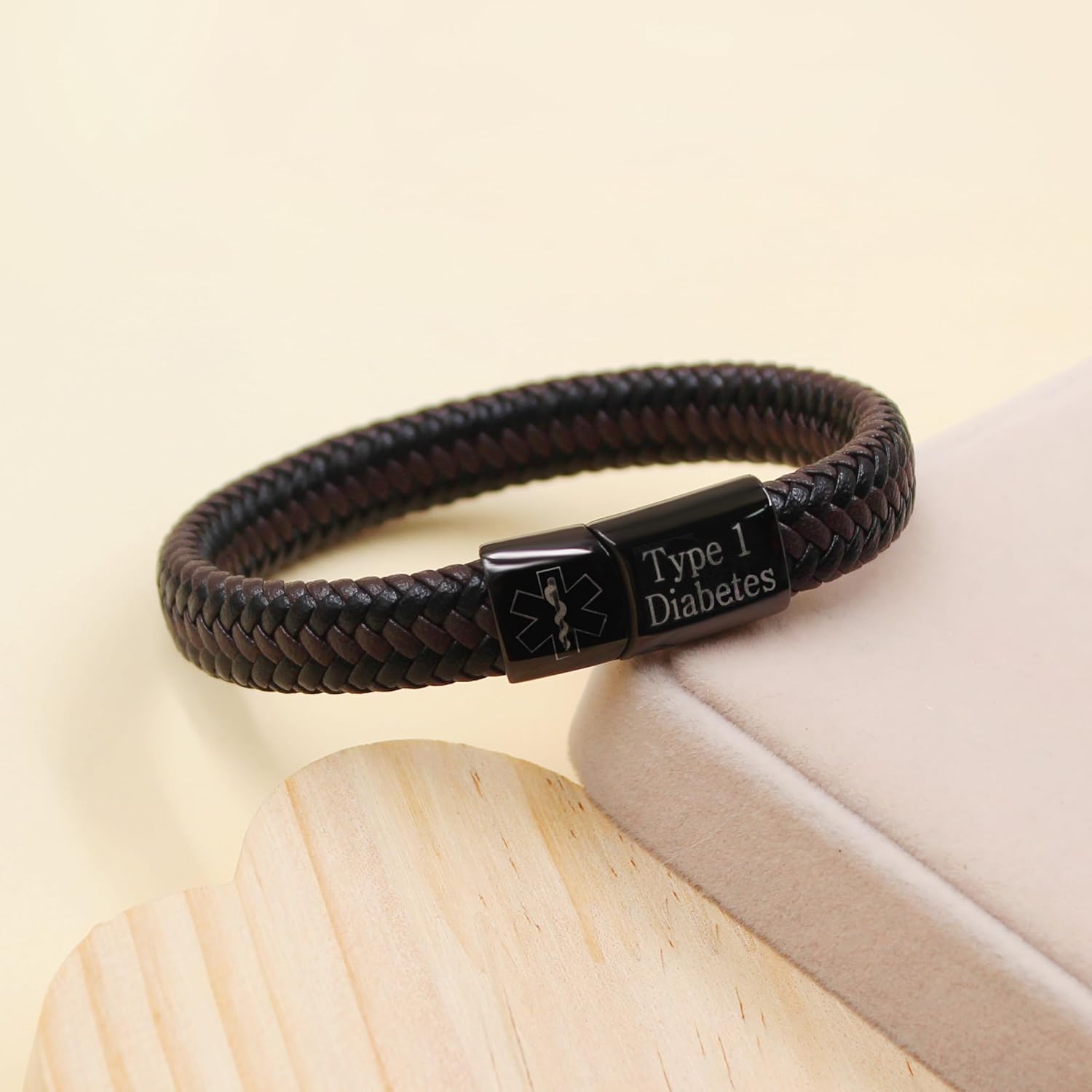 Medical Alert Cuff Bracelet for Men and Women, Black Stainless Steel Clasp Emergency ID Wristband, PU Leather Health Information Band YA5551