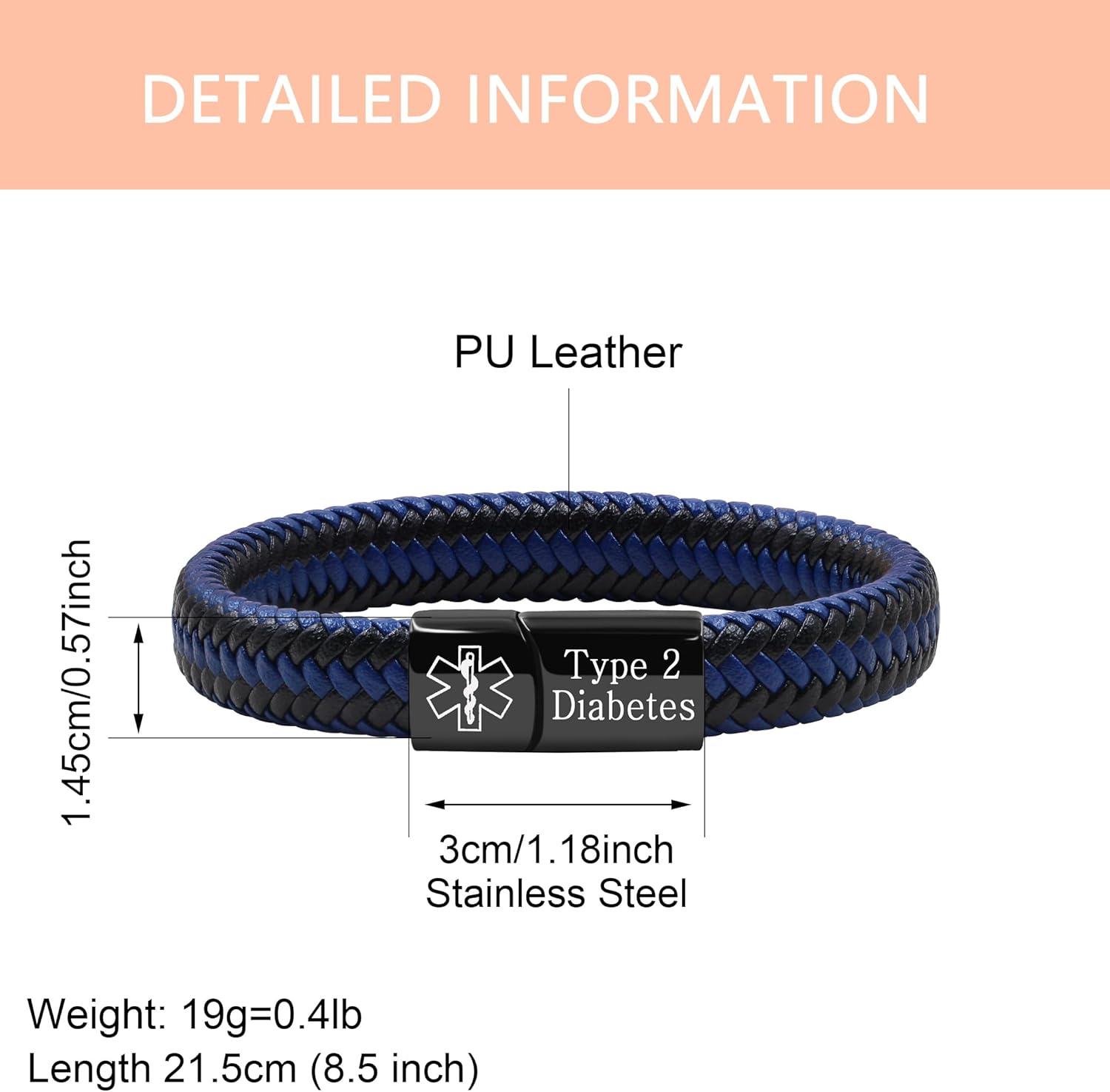 Dynamic QR Code Medical Alert Bracelet for Men Women No Medical Info Needed at Checkout PU Leather Emergency ID Cuff Bracelet Black Stainless Steel Clasp Scan to Update Health Info YA5551
